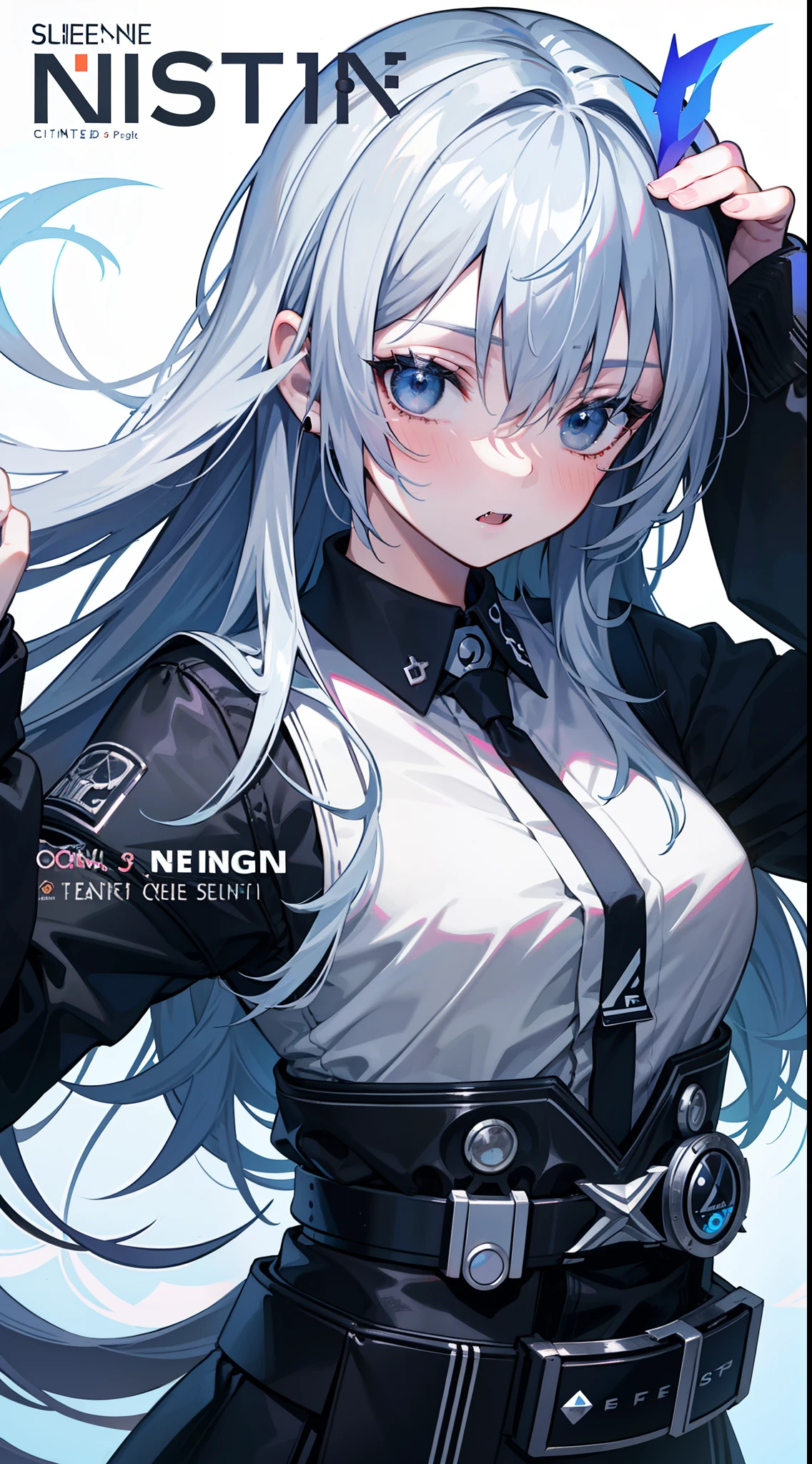 longeyelashes, solid circle eyes, ear blush, fang, Magazine style, Cool, design sense, MagazineCover, Neat, Look ahead, Penetration, The dominant color is blue, The mouth is slightly open, Impactful, colored inner hair, grey hair, Surrealism, drop shadow, anaglyph, stereogram, tachi-e, pov, atmospheric perspective, Sony FE GM, 8k, super detail, ccurate, best quality, masterpiece