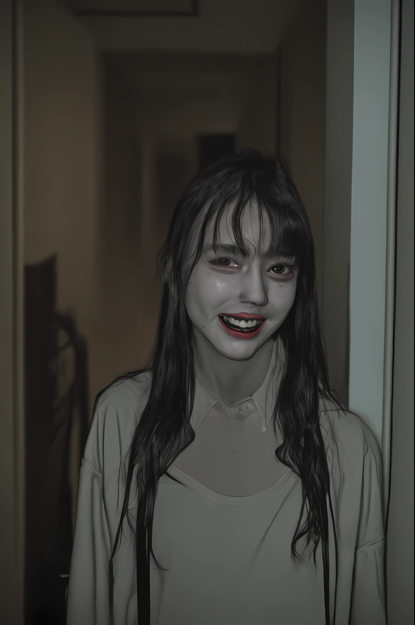 Spooky Girl、He looks at us with a knife in one hand and grins、Hallway in the room、An ultra-high picture quality、超A high resolution、8K、16 K、Live action、Bloody、Glo