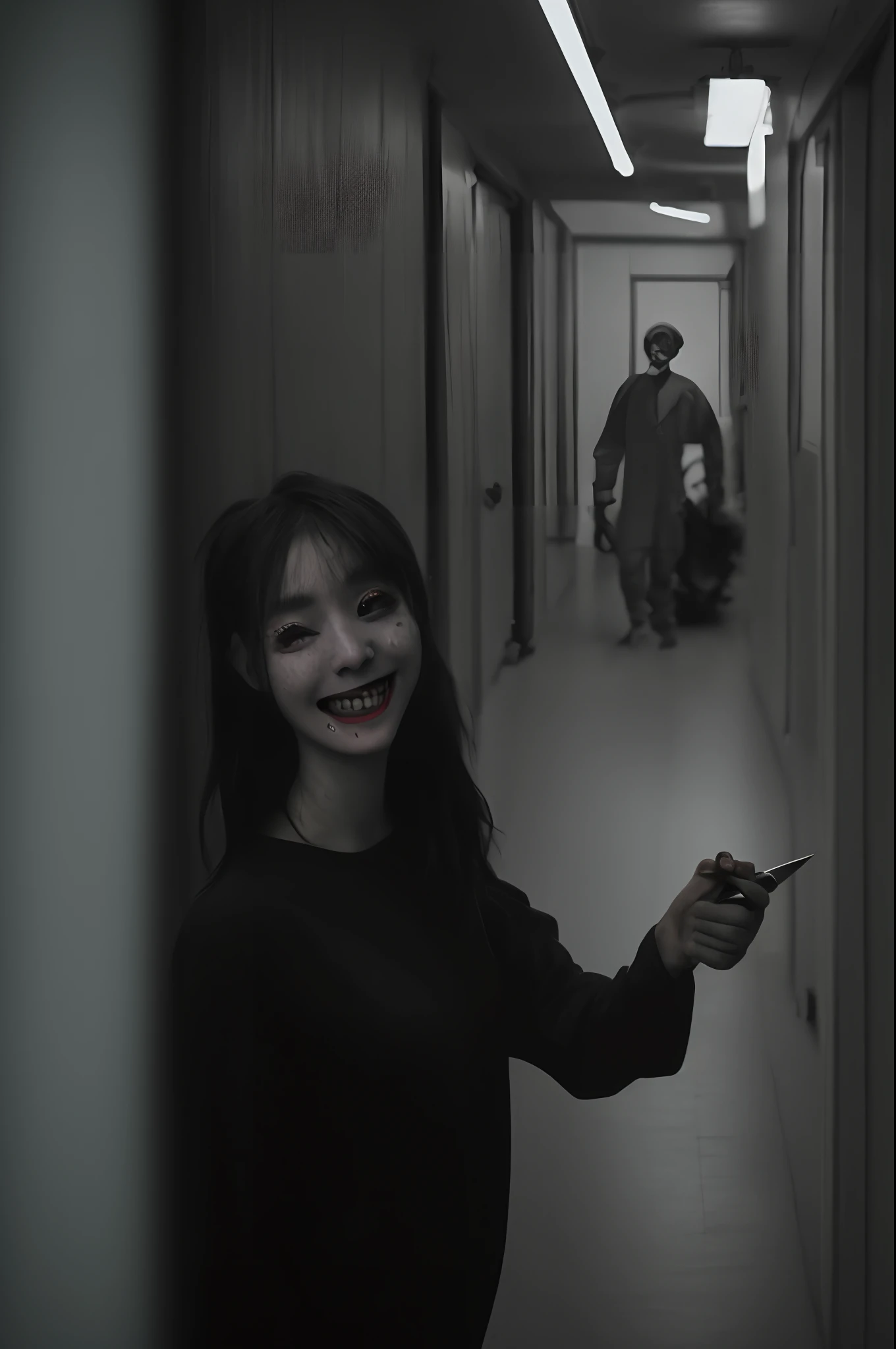 Spooky Girl、He looks at us with a knife in one hand and grins、Hallway in the room、An ultra-high picture quality、超A high resolution、8K、16 K、Live action、Bloody、Glo