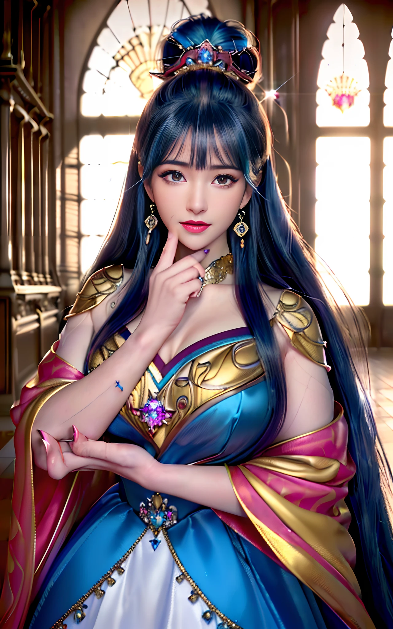 ((realisticity: 1.2)), ((realistic: 8K UHD)), ((best resolution: 8K UHD)), hyper detailed, best quality,masterpiece,highres,cg, ((1 girl hyper detailed and hyper realistic) ) , ((beautiful queen, hyper realistic and hyper detailed)),((white skin, beautiful, smooth, youthful, hyper realistic and hyper detailed )), ((Face hyper beautiful, white, hyper realistic and hyper detailed ) ), long hair, ((hyper realistic and hyper detailed dress)), solo, ((hyper realistic, hyper beautiful, beautiful and hyper detailed jewelry)), ((hyper beautiful deep red and golden yellow dress, hyper realistic and hyper detailed )) , ((Her pretty, hyper realistic, hyper detailed diamond filled earrings)), ((Her gorgeous diamond haircut, hyper realistic and hyper detailed)), ((hyper pretty upper body, hyper beautiful, hyper realistic and hyper detailed) ), ((medium breast: 1.1)), ((hyper realistic, hyper pretty, hyper detailed boobs)), ((the backgroun of the royal palace is hyper majestic, hyper realistic and hyper detailed)),((hands and palms hyper beautiful, hyper detailed, hyper realistic)), ((hyper detailed and hyper realistic fingers and fingernails)), ((hyper pretty fingernails, hyper vivid, hyper detailed, hyper realistic)), ((thumb, index finger, middle finger, ring finger, little finger hyper vivid, hyper pretty, hyper detailed, hyper realistic)),
((hyper beautiful fingers, hyper detailed, and hyper realistic)), ((posture not too fat and not too thin, hyper realistic, hyper detail)), ((hyper pretty, hyper pretty, hyper realistic and hyper detailed hair bun)), ((hyper pretty , hyper realistic and hyper detailed blue hair)), candid, Photo, high resolution, 8k , bokeh,