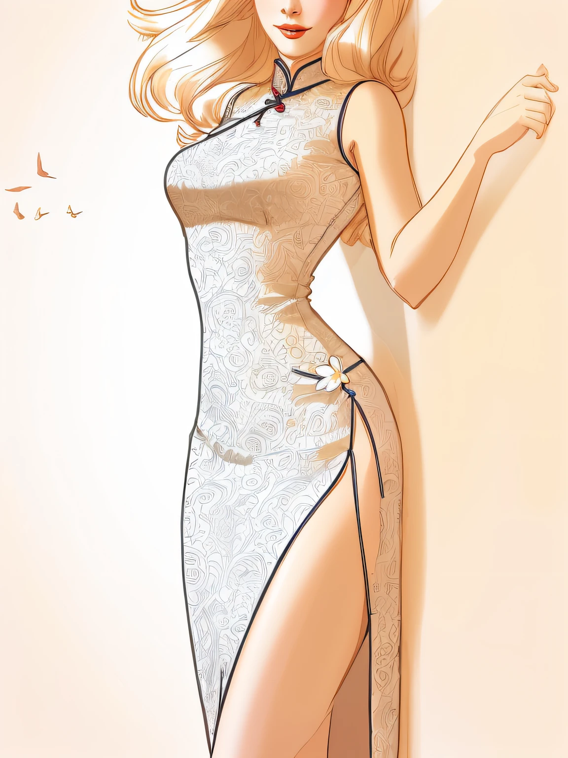 Draw a woman in a cheongsam,inspired by Tex Avery, Outline sketch, The cheongsam is split sideways,standing elegant pose, Woman in dress, inspired by Charles Dana Gibson, outlined art, elegant drawing, ink outline, girl in a dress, otto schmidt, Outlined