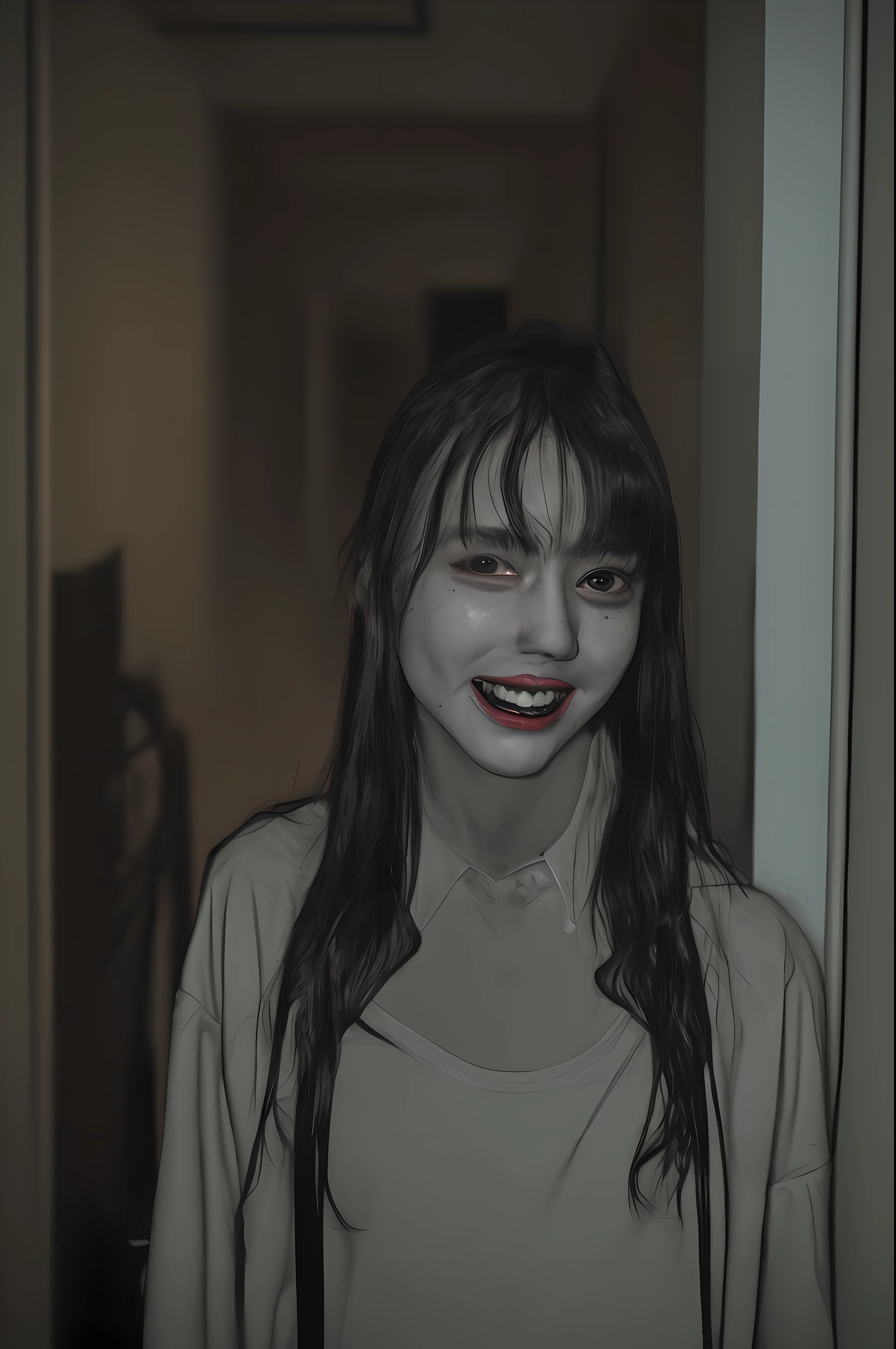 Spooky Girl、He looks at us with a knife in one hand and grins、Hallway in the room、An ultra-high picture quality、超A high resolution、8K、16 K、Live action、Bloody、Glo