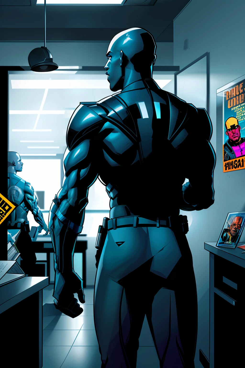 backside view of a police officer, black man, bald, wearing american police suit, standing in police station office, jail cell in the background, comic book style, flat shaded, prominent comic book outline linework