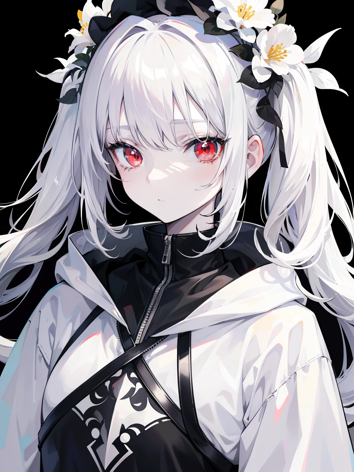 Pale skin, white hair, black hoodie, white flowers, flowers on head, Twintails, Loli, solo,{{best quality}}, {{masterpiece}}, {{ultra-detailed}}, {illustration}, {detailed light}, red eyes,long hair,