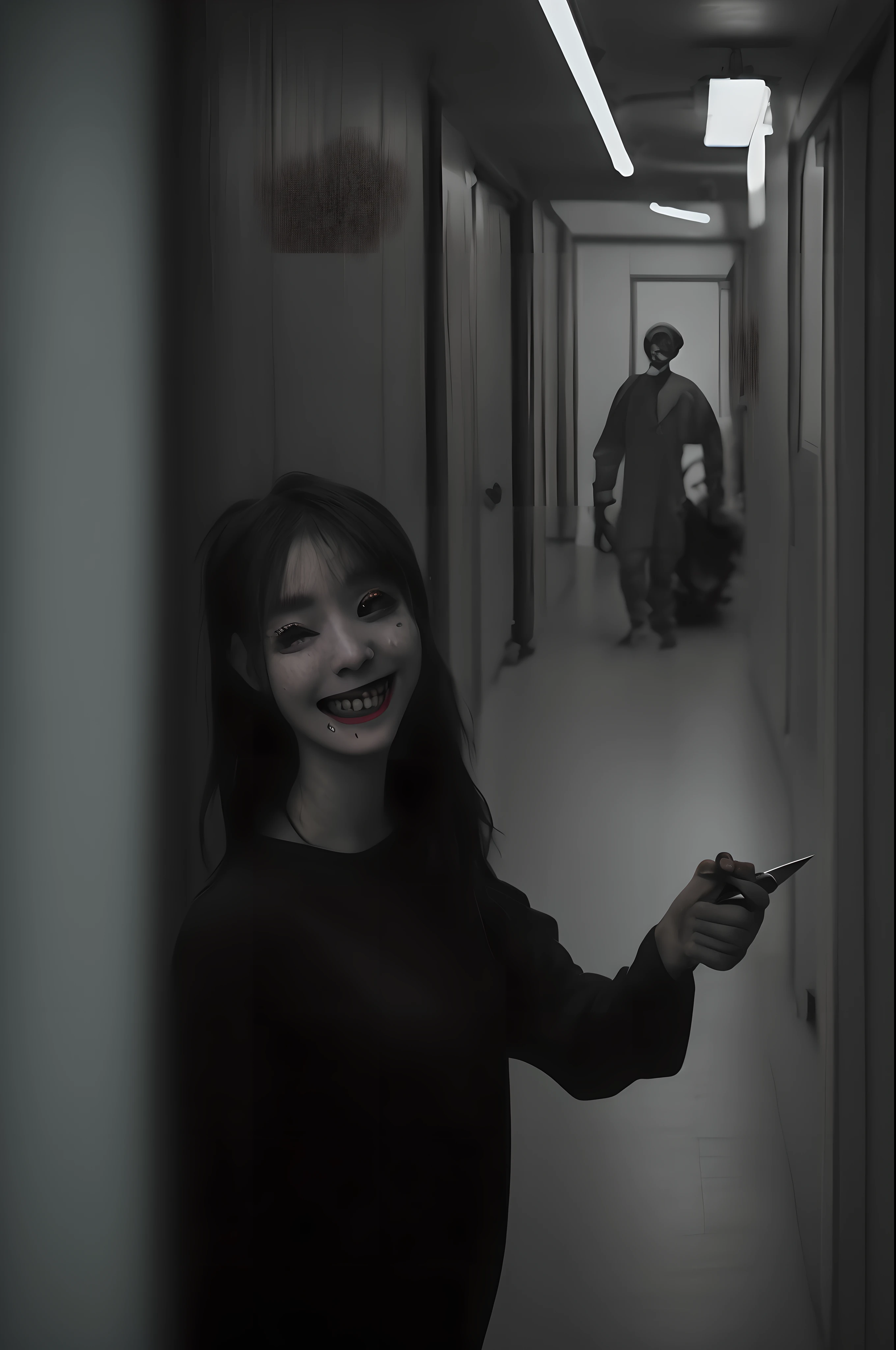 Spooky Girl、He looks at us with a knife in one hand and grins、Hallway in the room、An ultra-high picture quality、超A high resolution、8K、16 K、Live action、Bloody、Glo