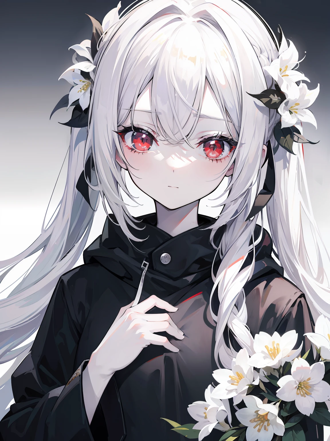 Pale skin, white hair, black hoodie, white flowers, flowers on head, Twintails, Loli, solo,{{best quality}}, {{masterpiece}}, {{ultra-detailed}}, {illustration}, {detailed light}, red eyes,long hair,