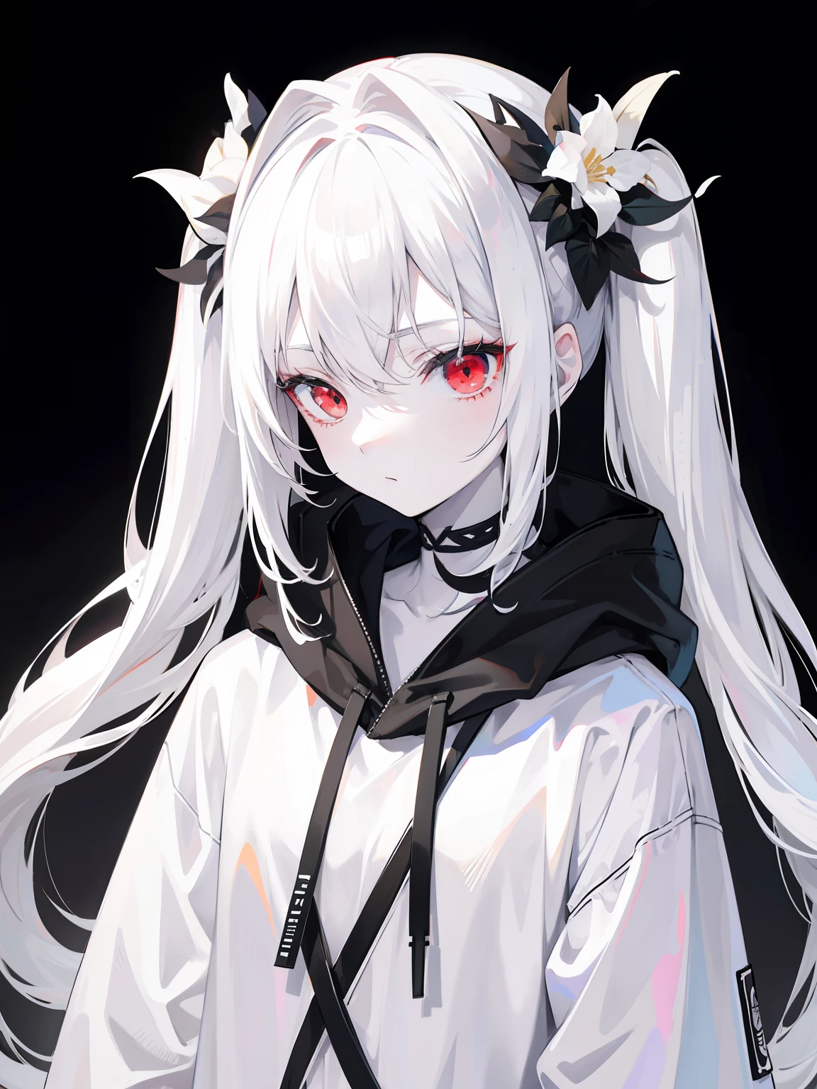 Pale skin, white hair, black hoodie, white flowers, flowers on head, Twintails, Loli, solo,{{best quality}}, {{masterpiece}}, {{ultra-detailed}}, {illustration}, {detailed light}, red eyes,long hair,