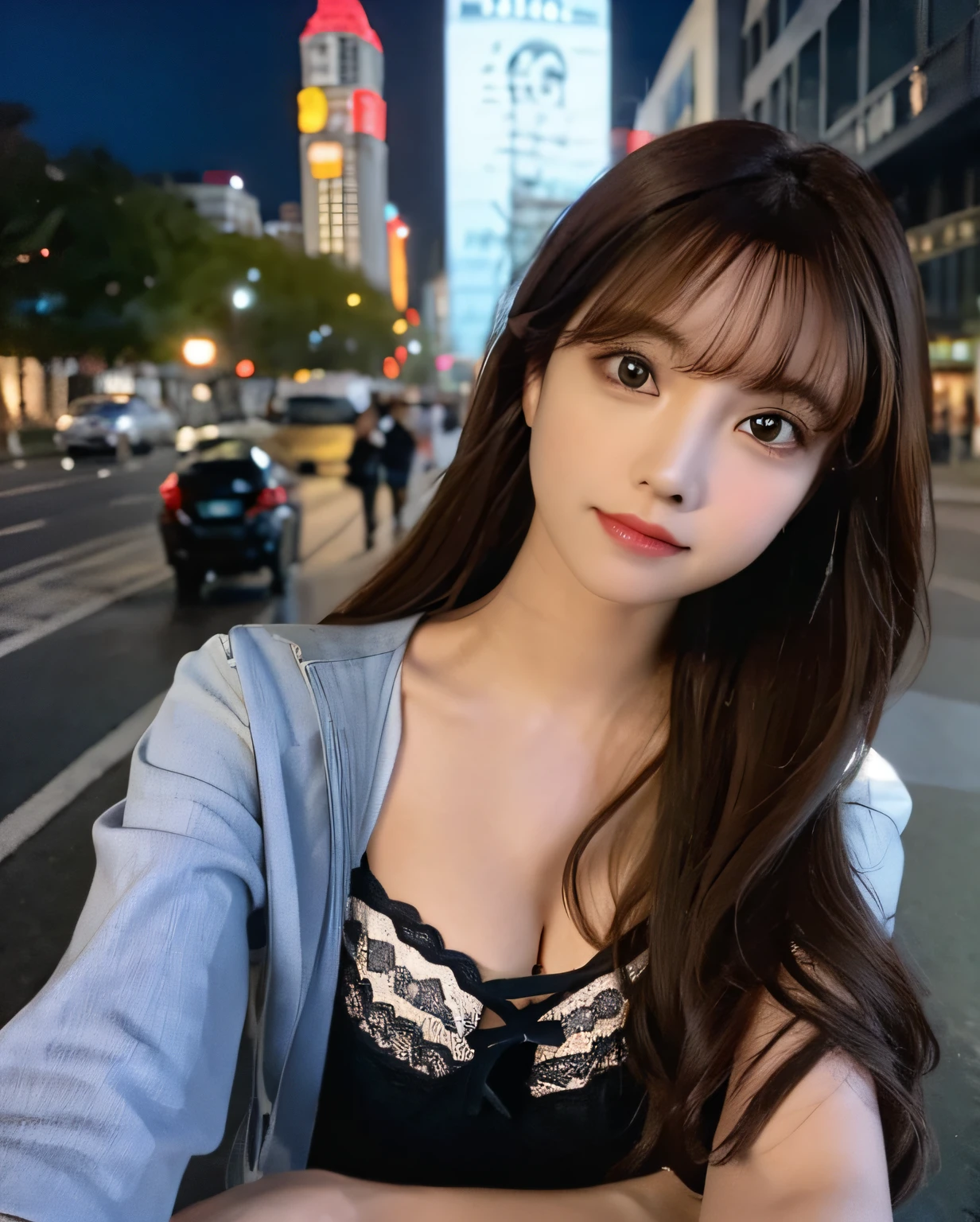 best qualtiy, realisticlying, 8K, A high resolution, 1girll, woman, (dent in the skin), (sportrait:0.6), (cityscapebackground:1.52)), fully colored, ((Small round chest,Tops with a neckline:1.5)), head straight-looking at viewer:1.8, (1 girl looks at the audience with eyes:1.45, medium lenght hair, brunette color hair, partedbangs:1.45), (bokeh),Bust photo,