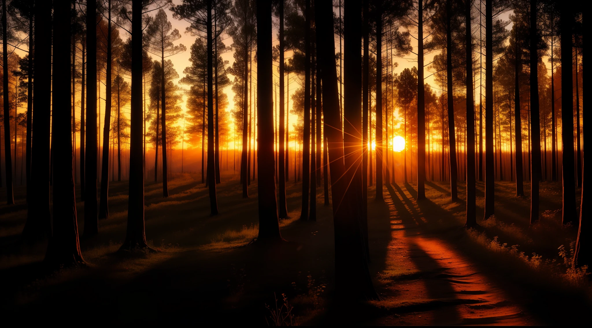 the sunset,ln the forest,the setting sun,The colors are dim
