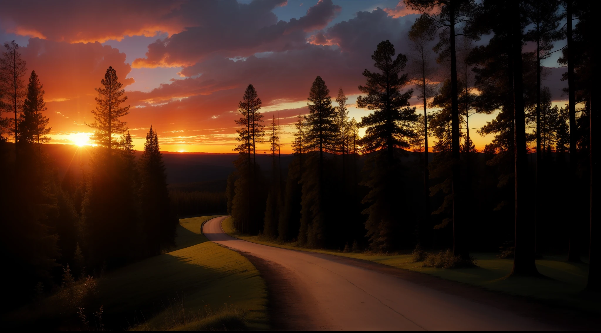 the sunset,ln the forest,the setting sun,The colors are dim