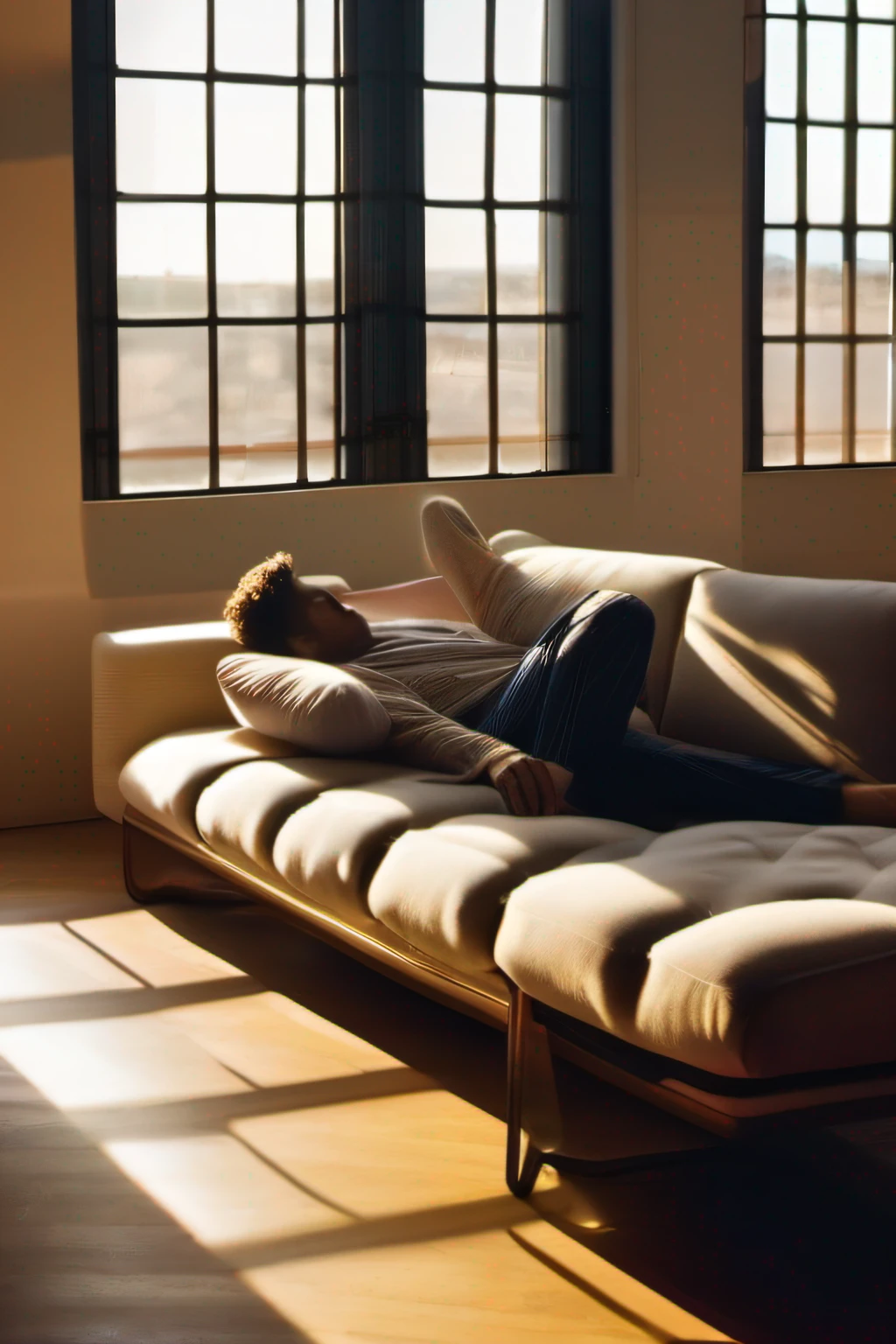 A man in pajamas reclines on a sofa,Behind are floor-to-ceiling windows that translude light,Golden sunlight shines through the windows