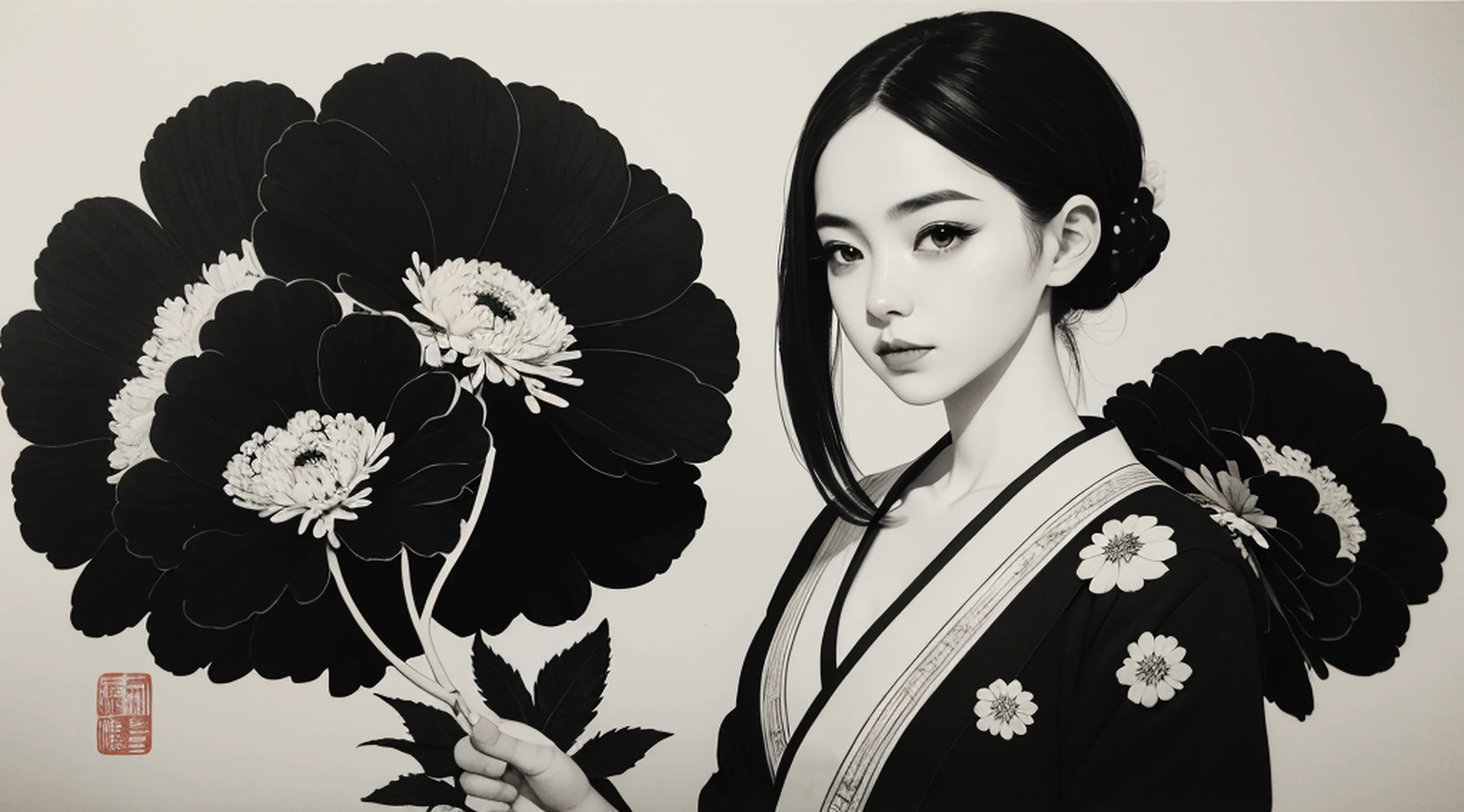 shukezouma, shuimobysim, chrysanthemums, (Masterpiece, Best quality:1.2), Traditional Chinese Ink Painting, ModelShoot style, wuchangshuo, Negative space