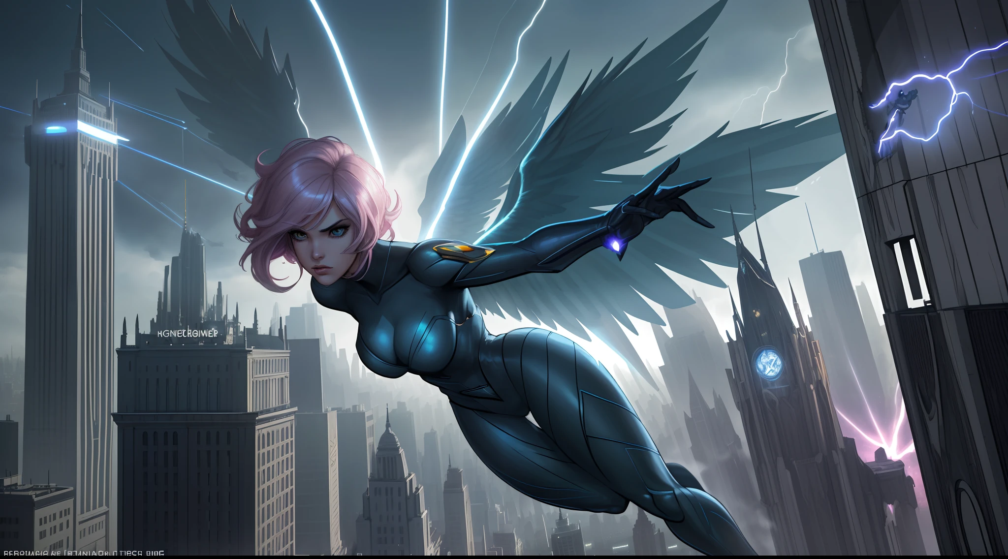 a beautiful and powerful heroine who is flying over a big city looking for a super villain keeping the peace for all mankind, 1 heroine, no wings, daylight, lightning light, fancy buildings under her, high definition, Ultra Quality, 8k, masterpiece, intricate details, volumetric light, dynamic compositing, HQ comics style