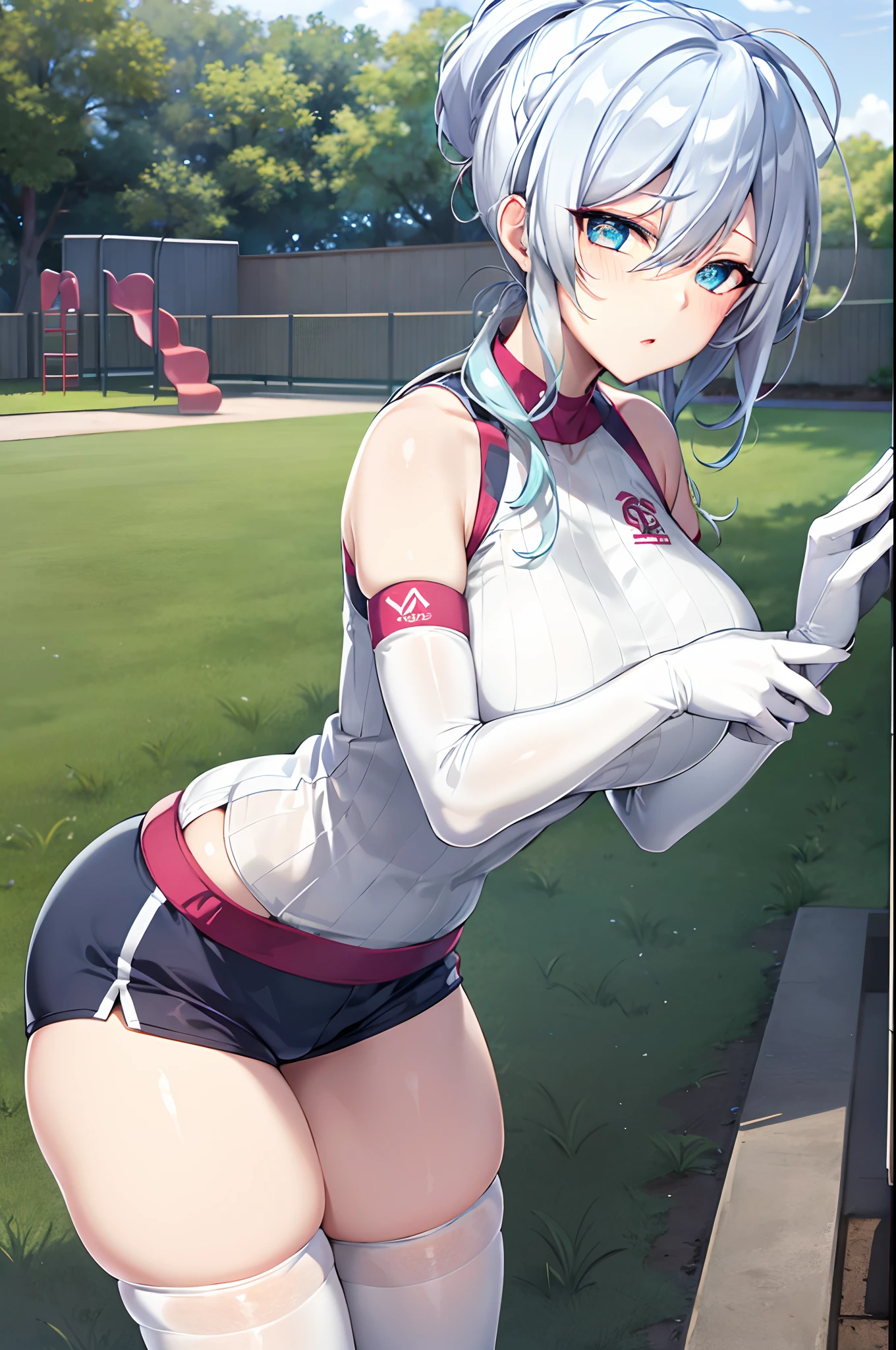 masterpiece, best quality, highres, Yukino, silver hair, blue eyes, short hair, symbol-shaped pupils, +_+, large breasts, gym uniform, white shirt, sleeveless, white gloves, elbow gloves, white shorts, gym shorts, short shorts, white thighhighs, outdoor, playground, grass, cowboy shot, standing, leaning forward,