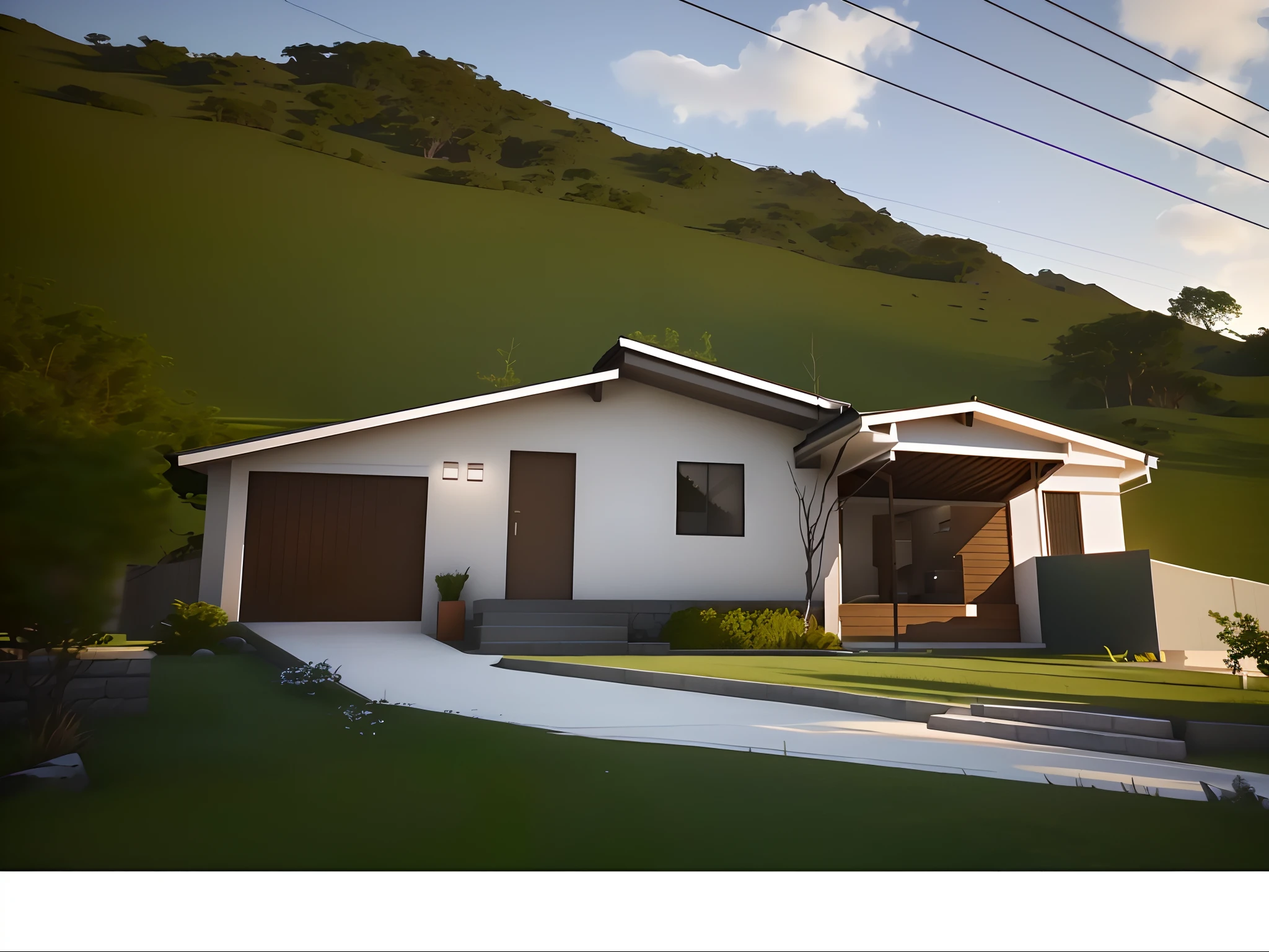 There is a house with garage and garage in the front yard, semi-realistic rendering, Renderizado no Lumion Pro, pre-rendered, finalrender, renderizado em lumion, lumion rendering, clean render, bem renderizado, realism rendering, altamente renderizado!!, renderizado em unreal engine 3d, 3 d renders, em estilo de realismo simplificado, finalrender
