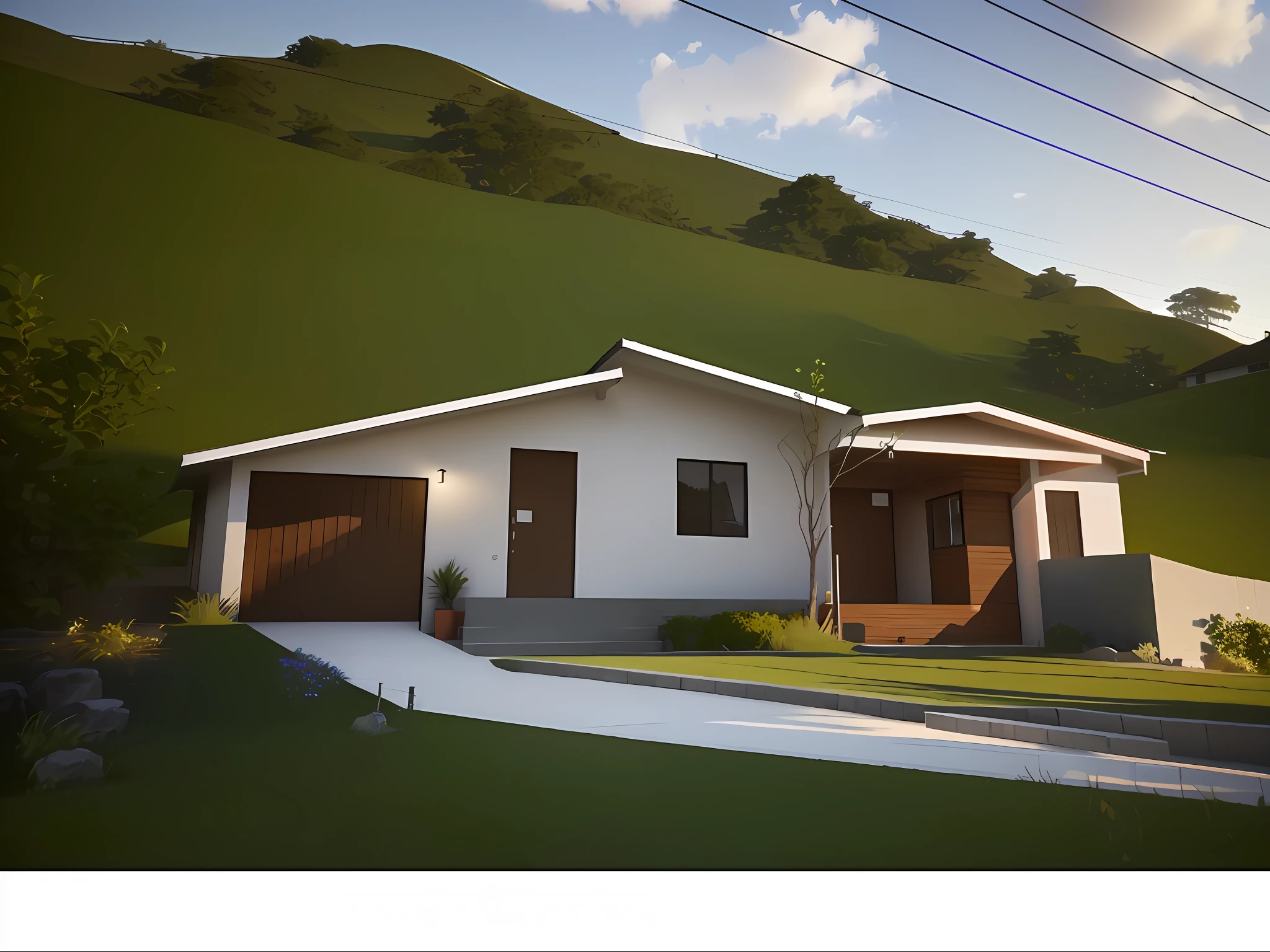 There is a house with garage and garage in the front yard, semi-realistic rendering, Renderizado no Lumion Pro, pre-rendered, finalrender, renderizado em lumion, lumion rendering, clean render, bem renderizado, realism rendering, altamente renderizado!!, renderizado em unreal engine 3d, 3 d renders, em estilo de realismo simplificado, finalrender