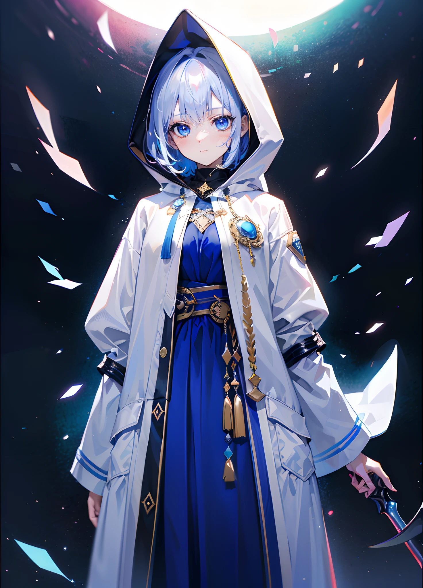 (tmasterpiece,best qualtiy,style of anime,a sense of atmosphere，higher details，cg render，Standing painting，Ray traching，sci-fy，Particle)(holographic projections，White mouthless mask，There is a robe inside the white jacket，Can cover the entire body，Wear a hood，Holding a blue sword，Non-juveniles)（The background is a huge blue space）