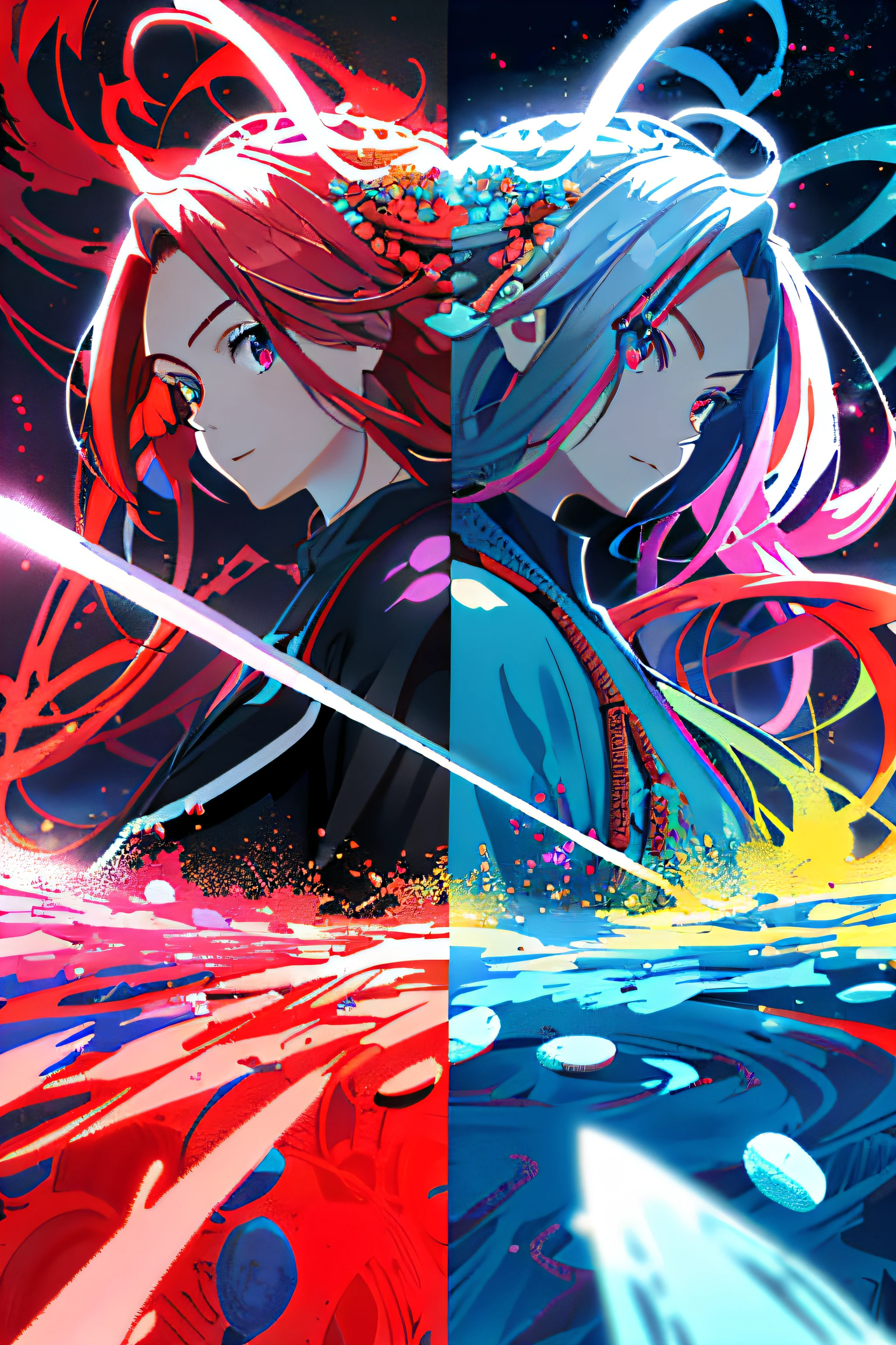 Anime girl with red hair, blue eyes and sword, anime styled digital art, style of anime4 K, Anime style artwork, red and cyan, anime style digital art, Anime style mixed with Fujifilm, Digital anime art, Beautiful anime artwork, Anime style illustration, anime abstract art, anime digital art, Digital art on Pixiv, extremely colorful，darkly, colorful concept art，Eye optimization，Face shape optimization，