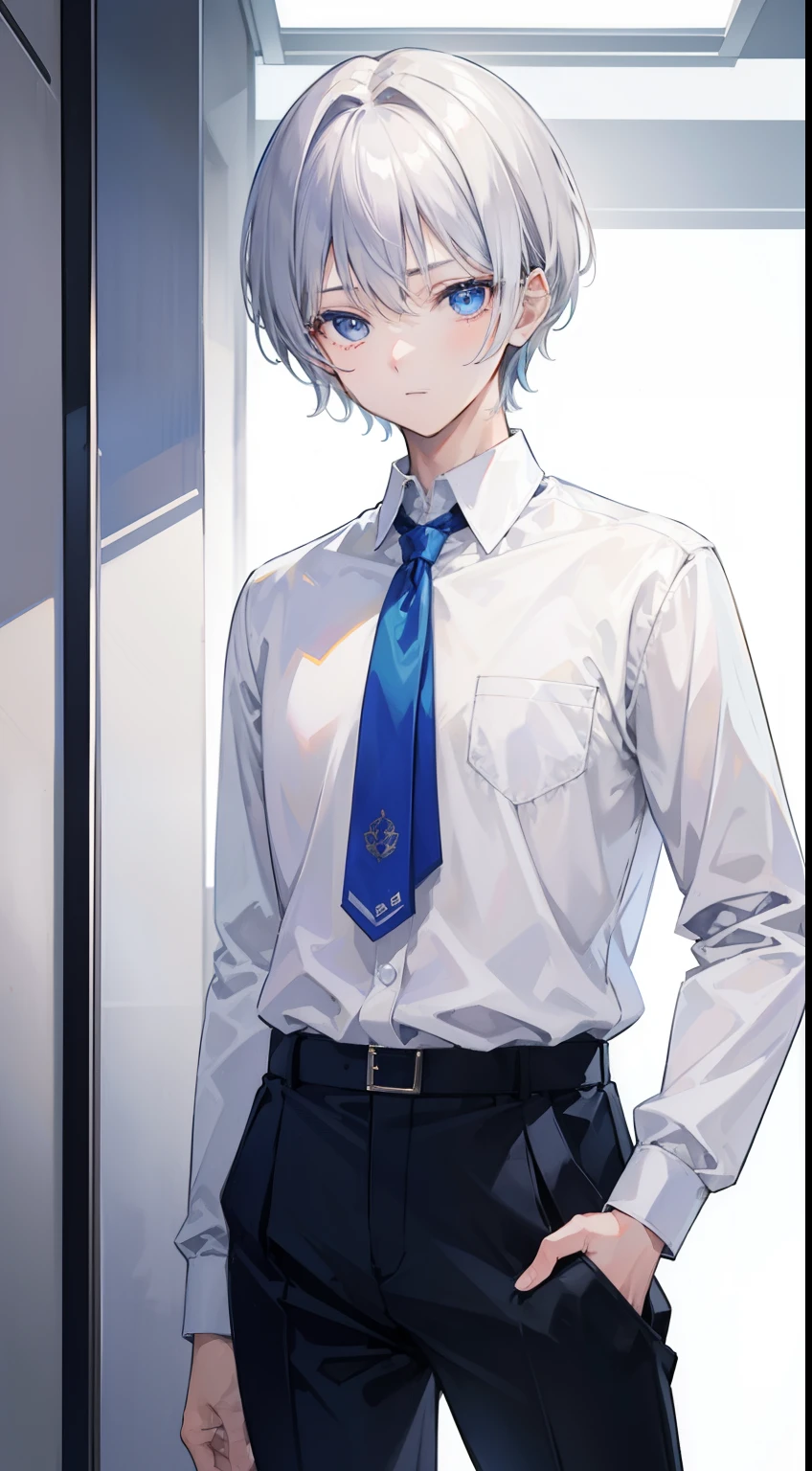 Silver-haired boy、short-haired、Standing Picture、Facing the front、17 age、blue eyess、High school students、Boys' High School Uniforms、The shirt、hight resolution、ultra-detailliert