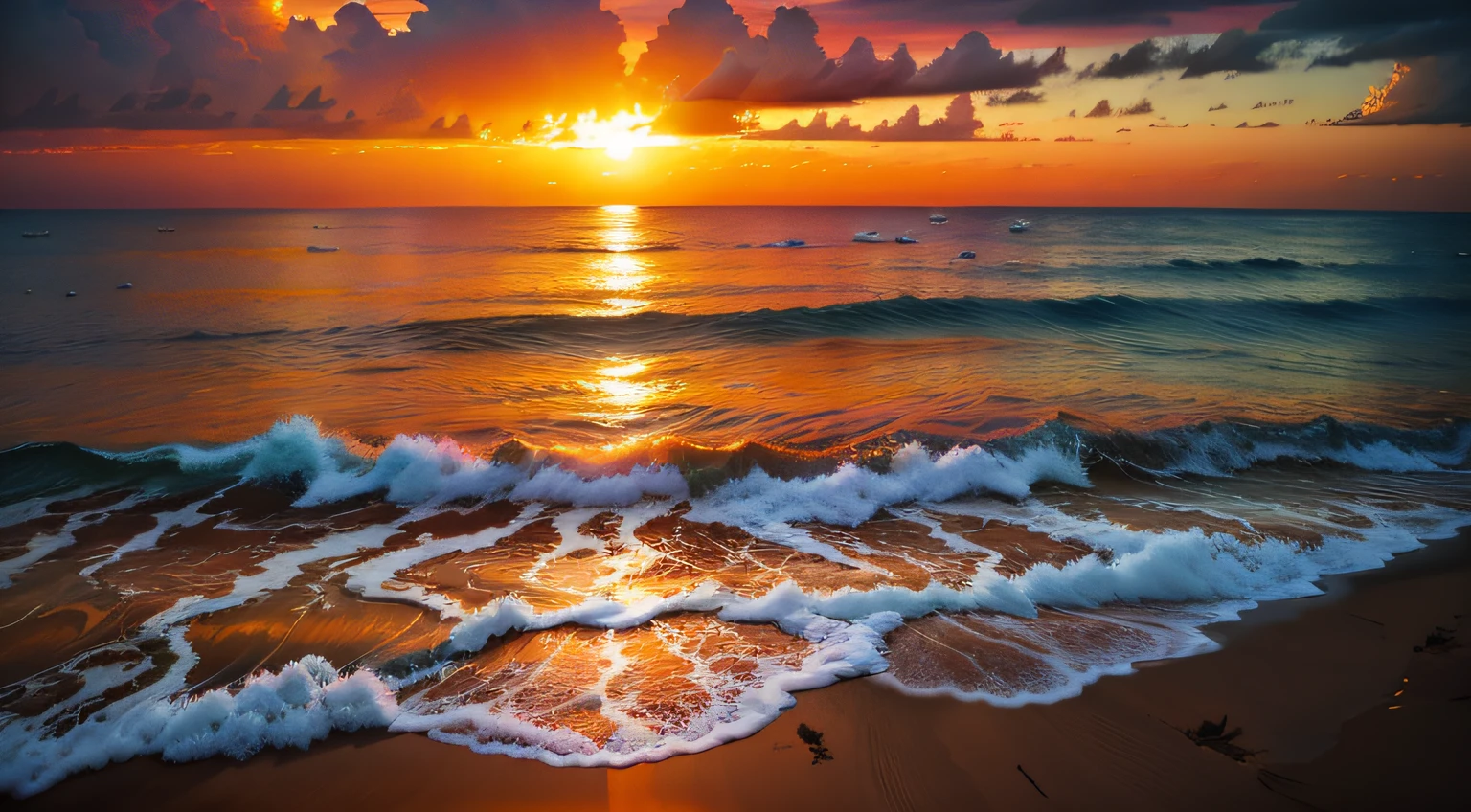 An absolutely mesmerizing sunset over the beach, with a blend of oranges, pinks, and yellows filling the sky. Crystal-clear waters of the sea gently kissing the shore, with sandy white beach stretching far and wide. The scene is dynamic and breathtaking, with seagulls soaring high in the sky and gently swaying palm trees. Take in the calming atmosphere and let the peacefulness wash over you.