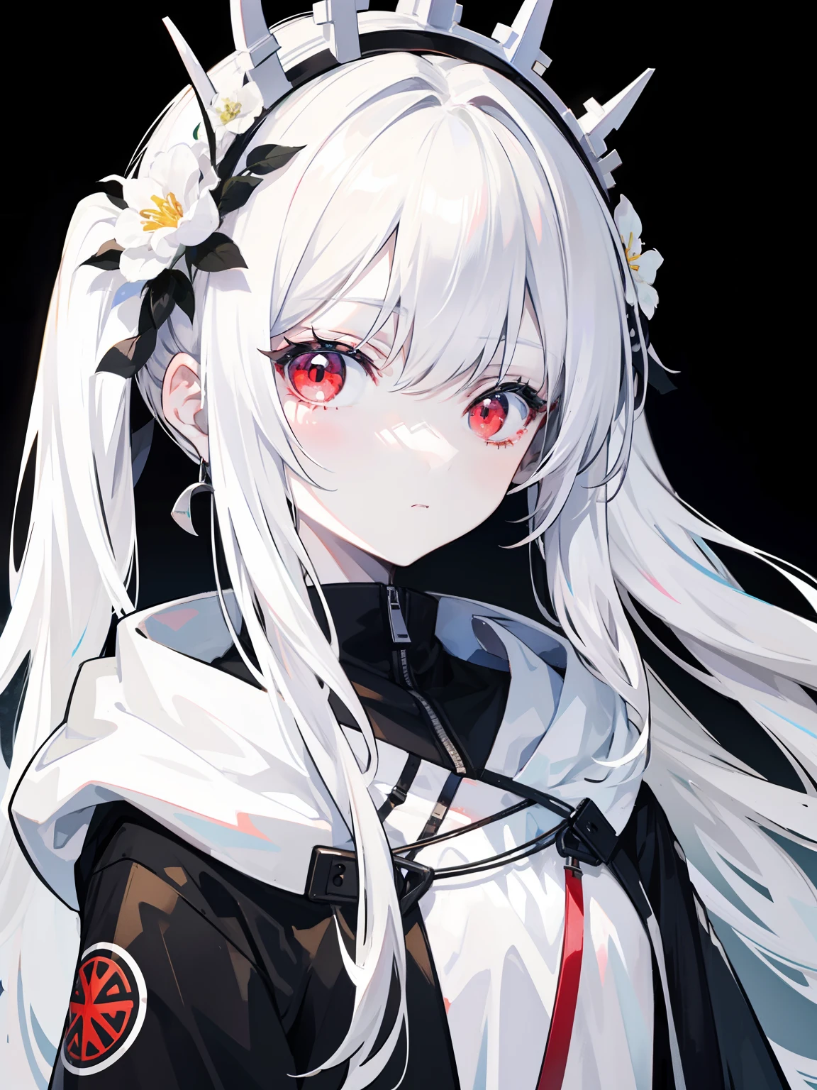 Pale skin, white hair, black hoodie, white flowers, flowers on head, Twintails, Loli, solo,{{best quality}}, {{masterpiece}}, {{ultra-detailed}}, {illustration}, {detailed light}, red eyes,long hair,