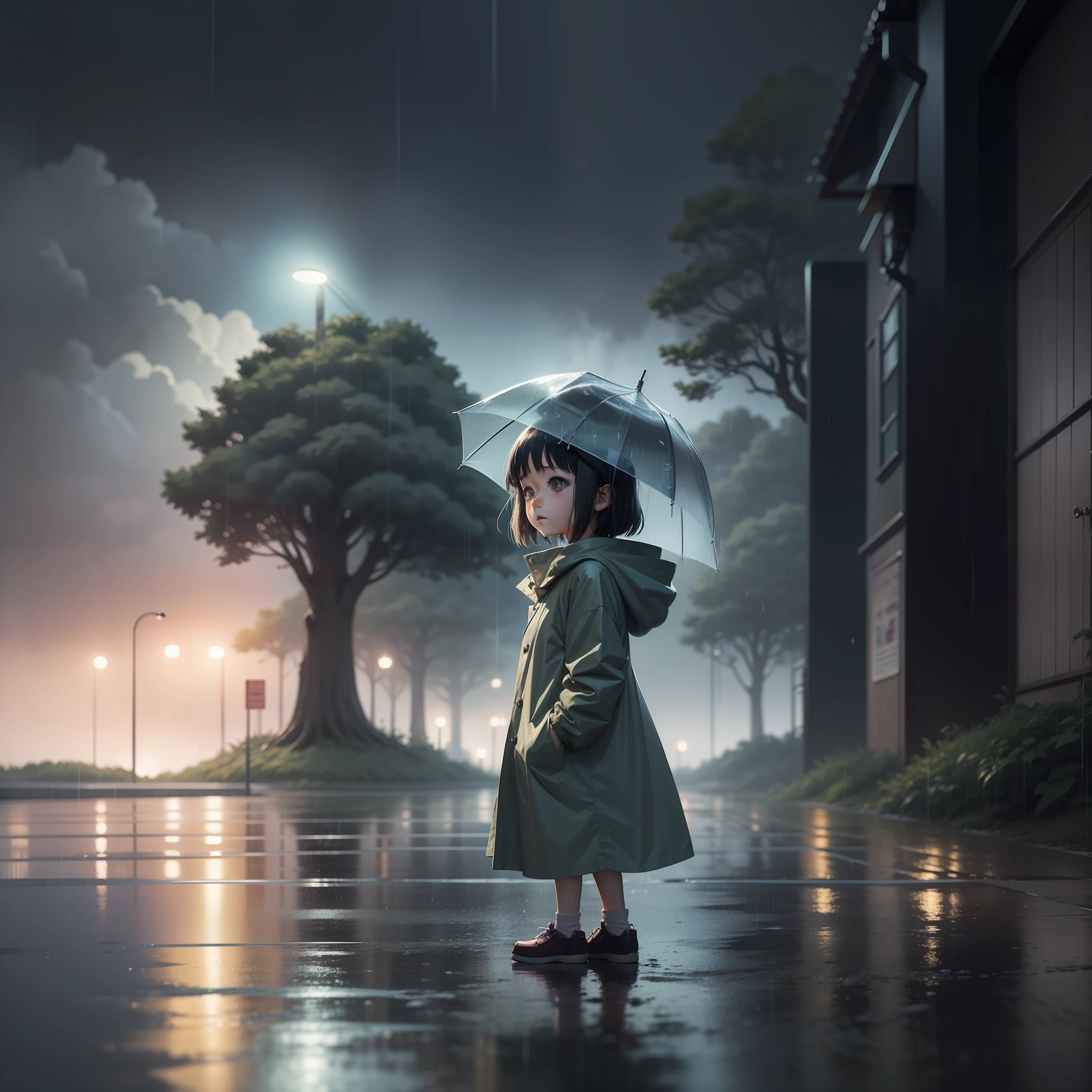 anime scene of a little girl standing in the rain with a raincoat on, style in ghibli anime style, moody :: studio ghibli, kawaii rainy gloomy, style in ghibli anime, raining, raining!!, from the studio ghibli film, lain iwakura, girl in raincoat, studio ghibli filter, in style of studio ghibli, lofi girl