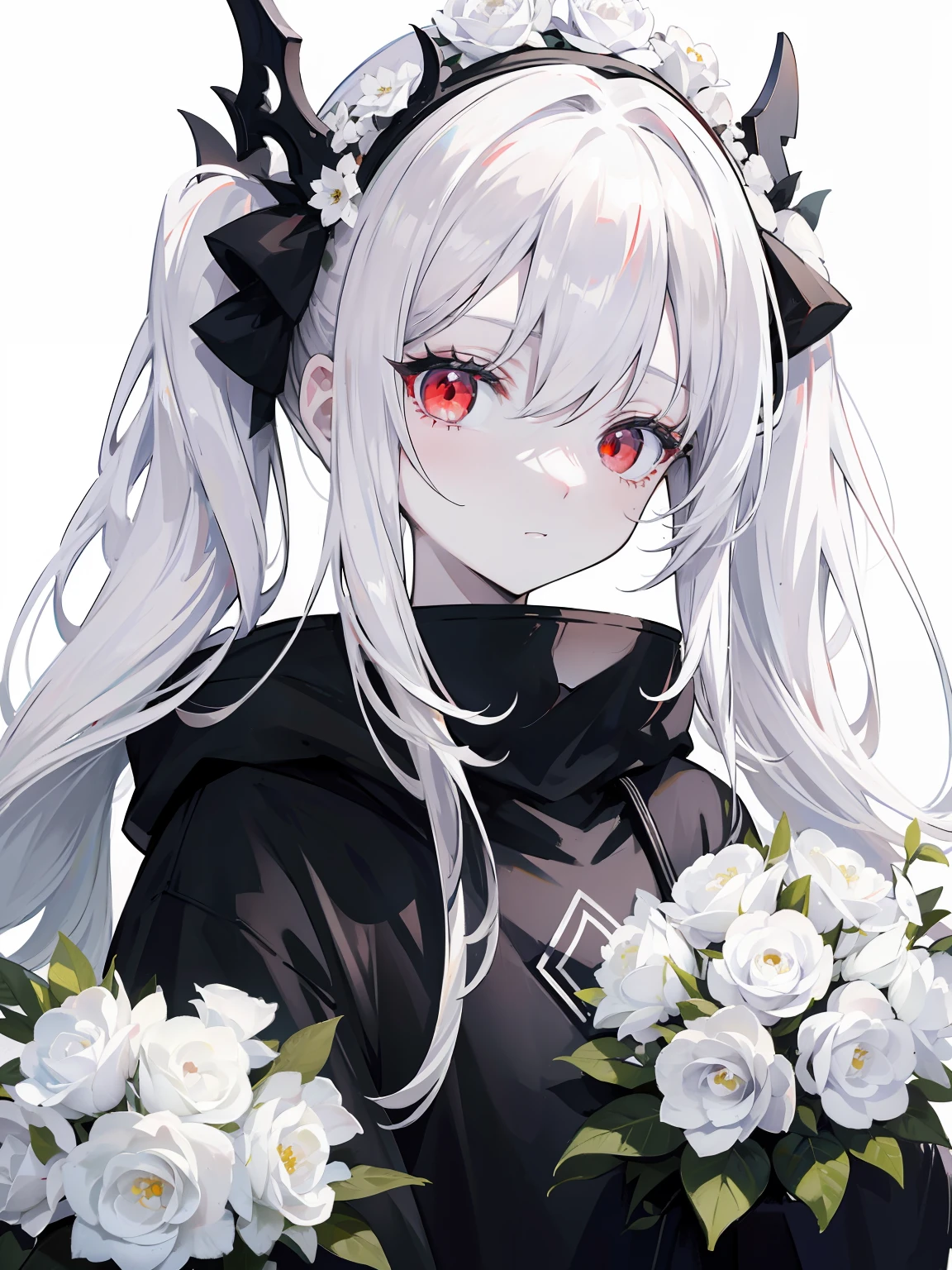 Pale skin, white hair, black hoodie, white flowers, flowers on head, Twintails, Loli, solo,{{best quality}}, {{masterpiece}}, {{ultra-detailed}}, {illustration}, {detailed light}, red eyes,long hair,