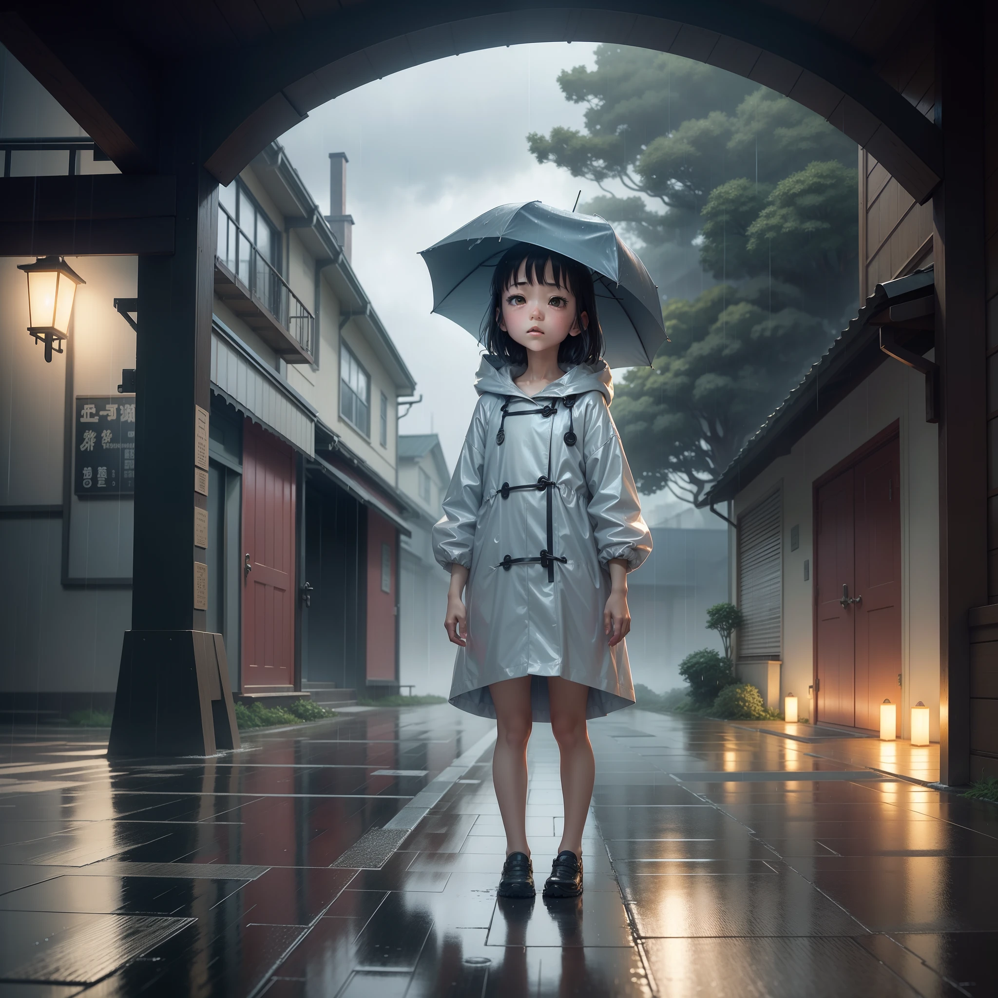 anime scene of a standing in the rain with a raincoat on, style in ghibli anime style, moody :: studio ghibli, kawaii rainy gloomy, style in ghibli anime, raining, raining!!, from the studio ghibli film, lain iwakura, girl in raincoat, studio ghibli filter, in style of studio ghibli, lofi girl