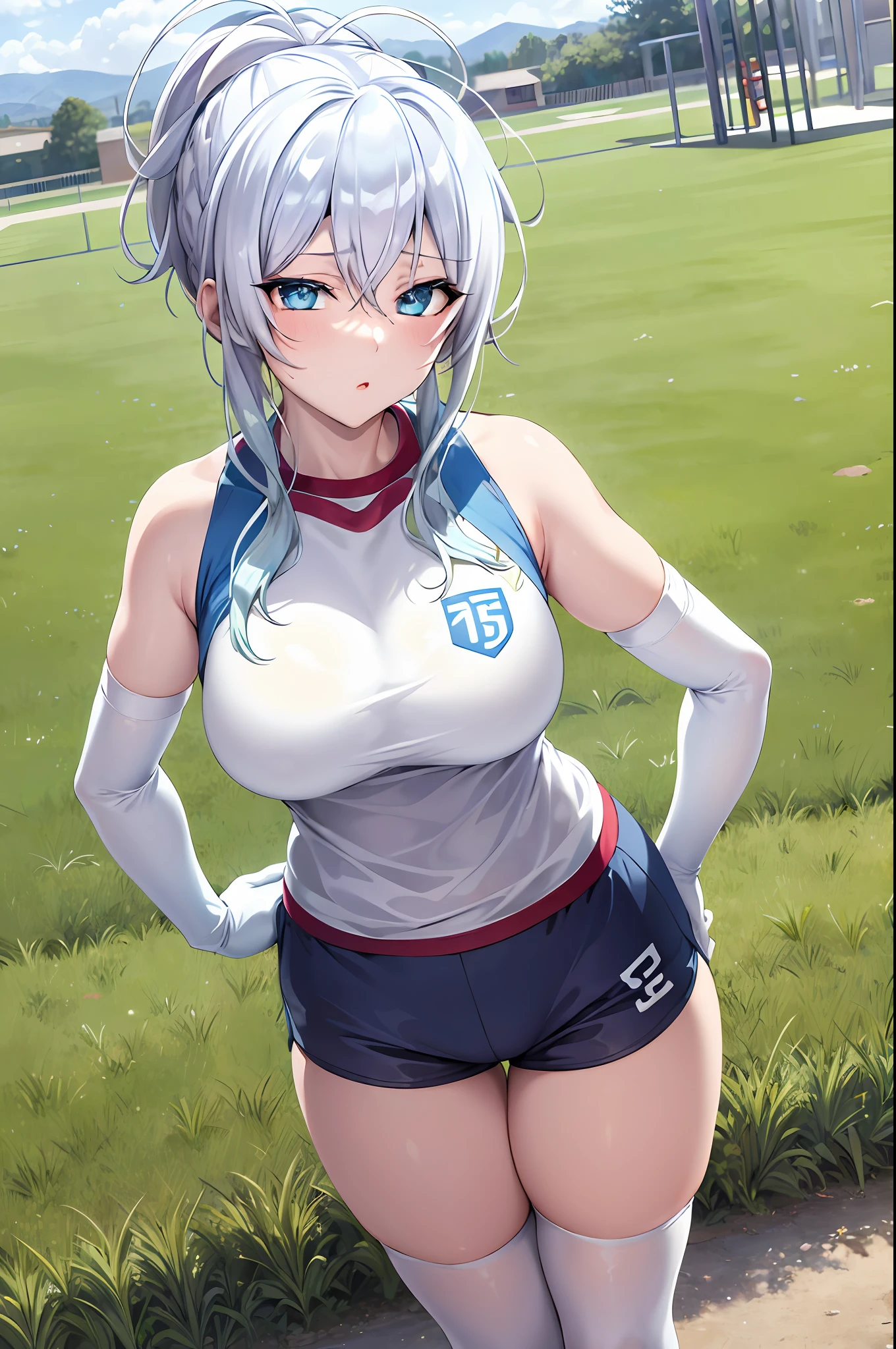 masterpiece, best quality, highres, Yukino, silver hair, blue eyes, short hair, symbol-shaped pupils, +_+, large breasts, gym uniform, white shirt, sleeveless, white gloves, elbow gloves, white shorts, gym shorts, short shorts, white thighhighs, outdoor, playground, grass, cowboy shot, standing, leaning forward,