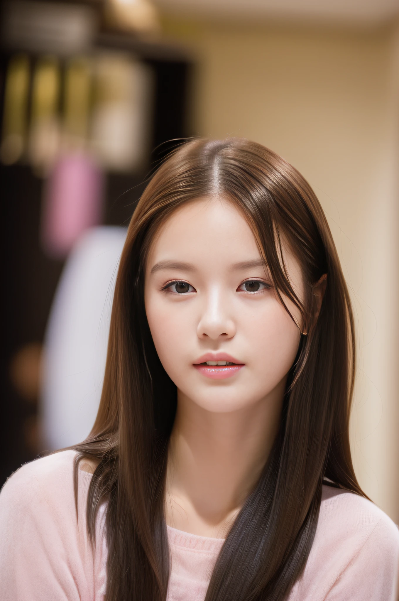 (masterpiece:1.3), (10, photorealistic portrait, RAW photo, bestquality: 1.4), Realistic lighting, (1girls), 18 year old girl, Up Close, Front, Exquisite Face, (realistic face), (Blush), (brunette hair, long-haired:1.3), looking at the audience, beautiful hairstyle, Realistic eyes, beautiful detail eyes, (Beautiful face details, Beautifully detailed pink eyes, Perfect skin profile), (Realistic skin), nice skin, Absurd, attractive, ultra-high resolution, ultra realistic, high-detail, golden ratio