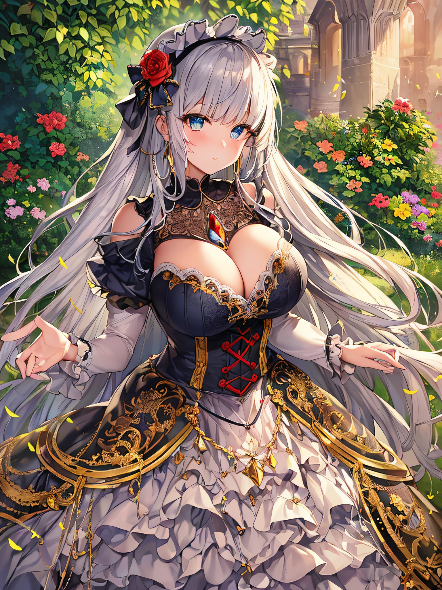 ((anime artstyle)),(Masterpiece),(Best Quality), (Super Detail),((Very Delicate and Beautiful)),(((Solo))),((full body)),(((1 princess in gorgeous lolita dress with voluminous full length hoop skirt))),((standing in garden)),Long train,(bling-bling gorgeous gemstone jewelry),detailed face and eyes,jewel-like eyes,cry,((large amount of straight hair,extremely voluminous Very Long Straight Hair)),((gigantic tits,Long tits)),cleavage,(gorgeousfull embroidery and lace),gorgeous corsage,See-through,((extremely gorgeousfull lolita hair ornament)),bling-bling extremely gorgeousfull jeweled tiara,ornate ruffles,beautiful embroidery,(hoop skirt,crinoline),flowers, flower petals flowing,((Dynamic Angle)),Looking at viewer,((full body))