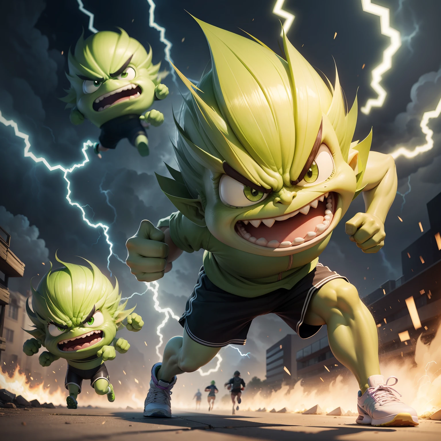 Cartoon cabbage character with angry expression,The action of running,with lightning