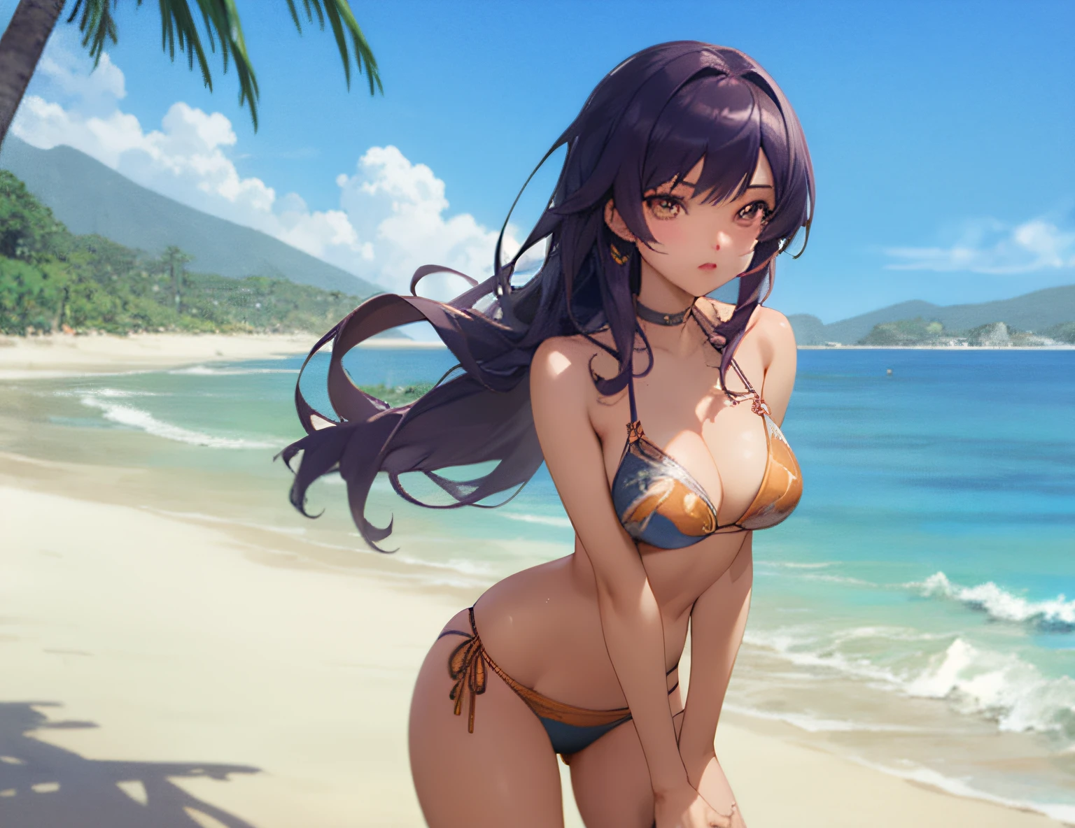 Anime girl in bikini on the beach with mountains in the background, Seductive Anime Girl, Smooth Anime CG Art, very detailed Artgerm, marin kitagawa fanart, guweiz, in beach, Detailed Digital Anime Art, in beach, made with anime painter studio, realistic bikini, in beach, on a sunny beach