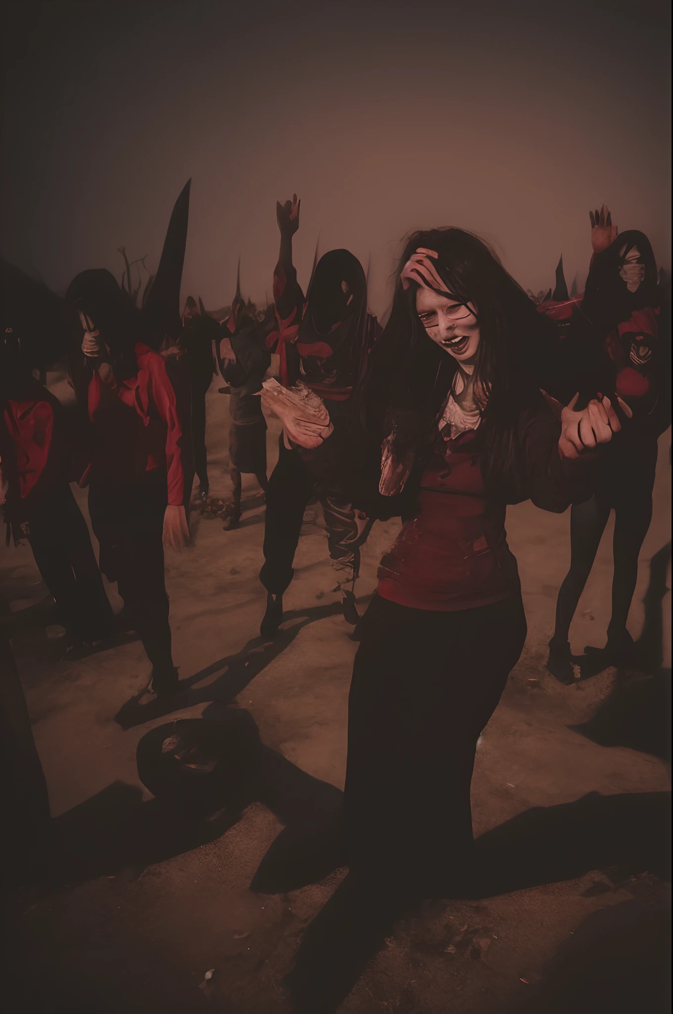 「In a devastated world、A creepy girl is performing a satanic ritual。Her eyes burned red、That smile is evil and distorted。Ruins spread around、Traces of rituals are left on the ground。In her hand is a book with a magic circle symbolizing the power of darkness.、It is felt that they are trying to bring about the end of the world through rituals。The sky is covered with darkness、The demons appear as shadows。The existence of a creepy girl with the end of the world、There is an atmosphere of despair and fear。」