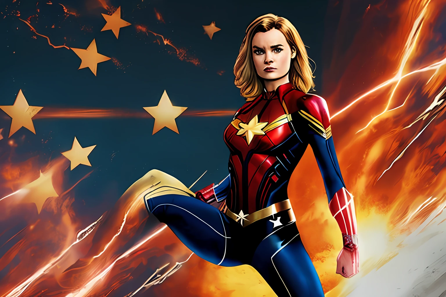 brie larson, medium hair, full body portrait, wearing captain marvel outfit, sexy, cleavage, breasts showing