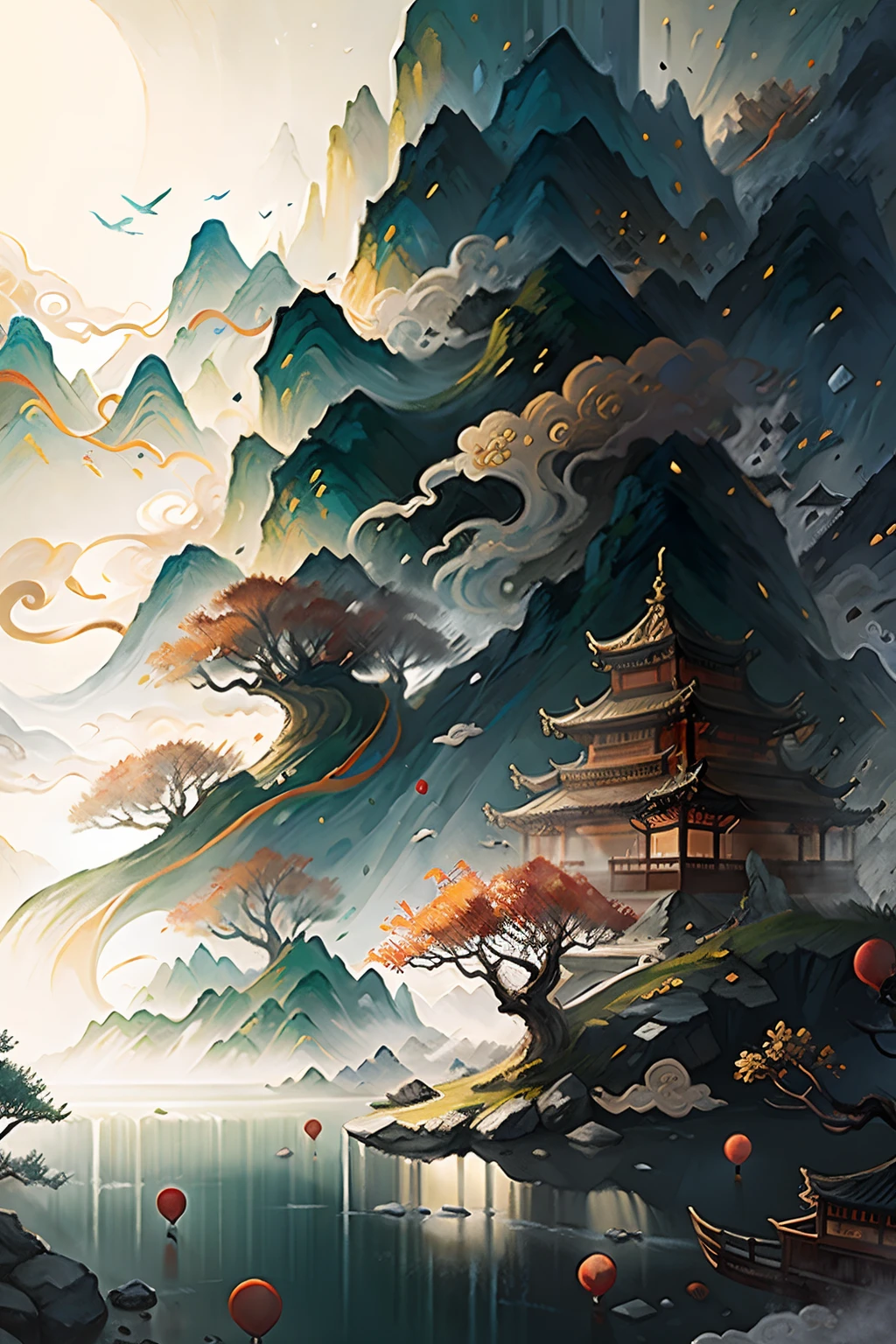 ancient chinese painting, ancient chinese background, mountains, river, auspicious clouds, pavilions, sunlight, masterpiece, super detail, epic composition, ultra hd, high quality, extremely detailed, official art, unified 8k wallpaper, super detail, 32k