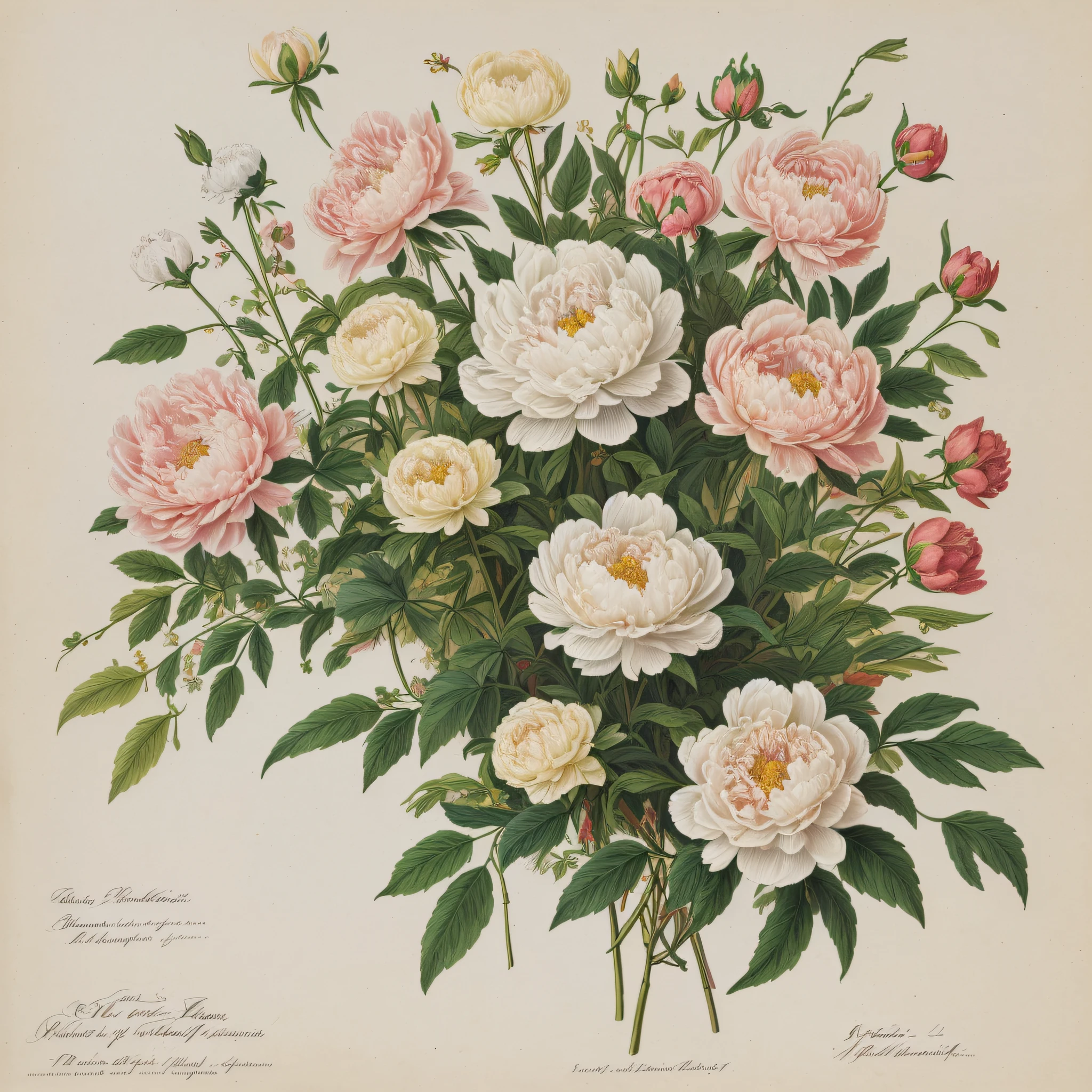 (beste-Qualit: 1.2), (Detailed: 1.2), (tmasterpiece: 1.2), Vintage botanical illustrations of white peonies, bouquet (1770-1775) in high resolution by John Edwards