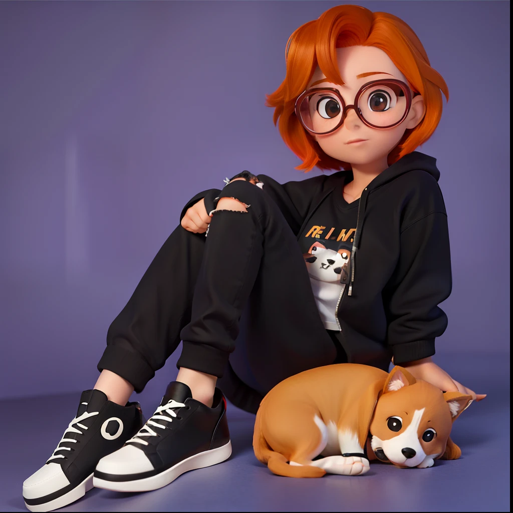 There's a red-haired girl, usando blusa marron com estampa de um sol, black pant, black tennis, glasses and a dog on the side