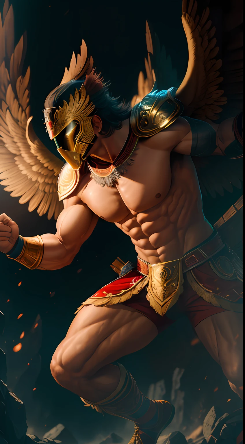 (8k), Ultra resolution 8K, Stunning illustration of a hero wearing an eagle mask helmet, Warrior Prince,Traje de guerrero Athletic Body Eagle, cinematic lighting,action pose, agregar efecto al final,Mythical background