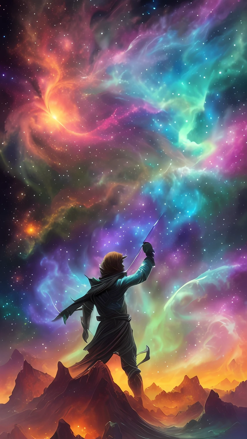 inconceivable and spectacular a scene of emergence of a figure from the glowing cloud, fractal nebula threads, cosmic entities, celestial, cosmic, vibrant and vivid, swirls, twirling, unrealistic, high contrast, symobolism, magical, mystical, mystifying, hyperrealistic, oversaturate, colorfully