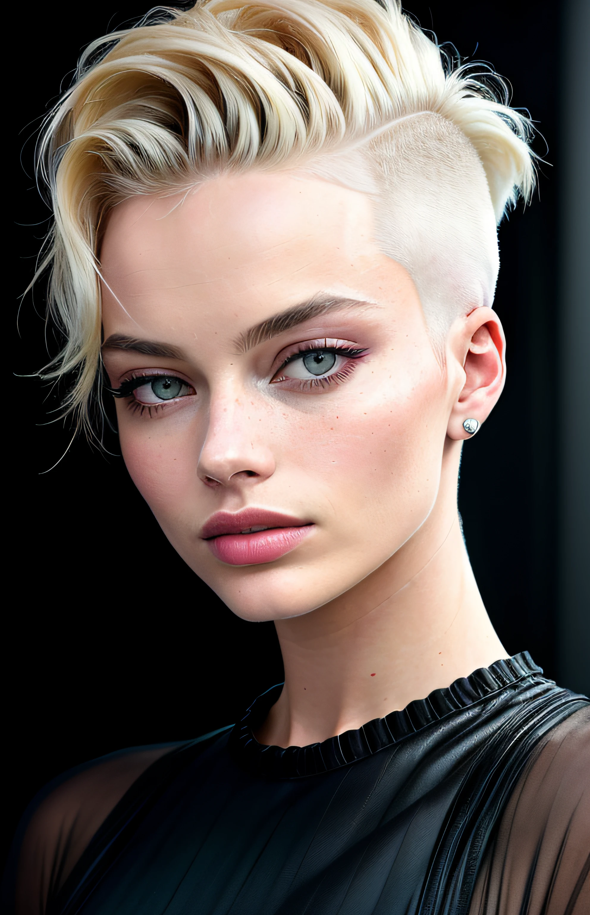 Margot Robbie a 20 yo woman, blonde, (hi-top fade:1.3), dark theme, soothing tones, muted colors, high contrast, (natural skin texture, hyperrealism, soft light, sharp),exposure blend, medium shot, bokeh, (hdr:1.4), high contrast, (cinematic, teal and orange:0.85), (muted colors, dim colors, soothing tones:1.3), low saturation, (hyperdetailed:1.2), (noir:0.4)