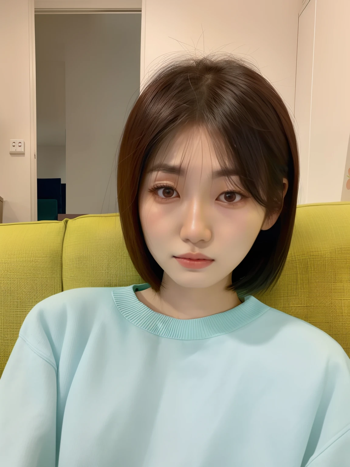 there is a woman sitting on a couch with a cell phone, jaeyeon nam, Korean girl, 2 7 years old, 2 8 years old, Choi Hyun-hwa, with round face, 2 3 years old, 18 years old, 2 2 years old, south east asian with round face, 2 9 years old, Asian face, 21 years old