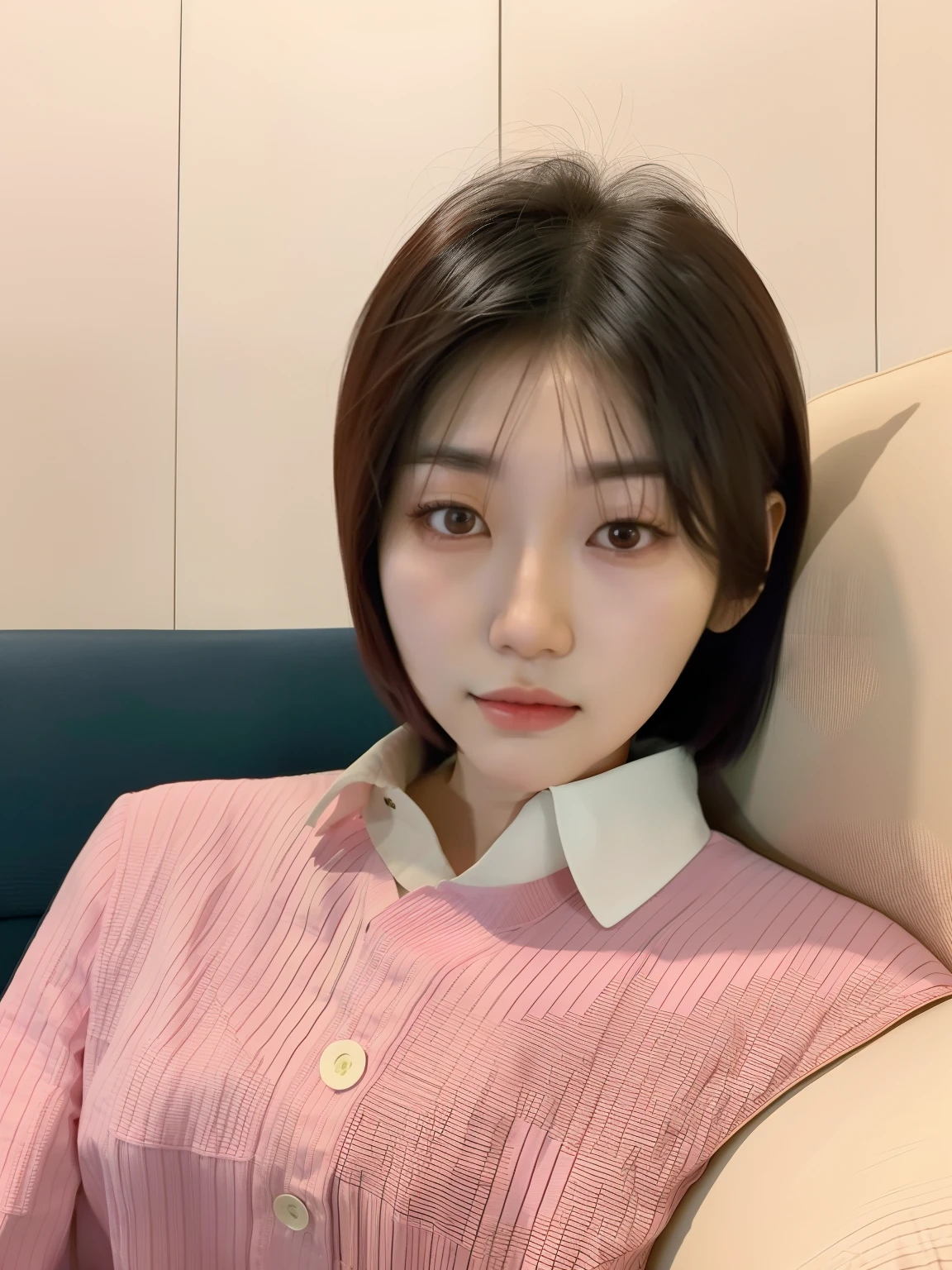 there is a woman sitting on a couch with a cell phone, jaeyeon nam, Korean girl, 2 7 years old, 2 8 years old, Choi Hyun-hwa, with round face, 2 3 years old, 18 years old, 2 2 years old, south east asian with round face, 2 9 years old, Asian face, 21 years old