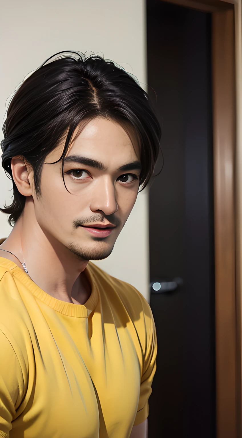 ((Men only)), (head shot), (face only), (tanned handsome muscular man in his 20s), (wearing a yellow outfit), (Takeshi Kaneshiro), (Mischievous smile), (detaile: 1 in 1), Natural muscles, HIG quality, beautidful eyes, (Detailed face and eyes), (Face、: 1 / 2), Noise, Real Photographics、... ................................................................................................................PSD, Sharp Focus, High resolution 8K, realisitic & Professional Photography, 8K UHD, Soft lighting, High quality, Film grain, FujifilmXT3