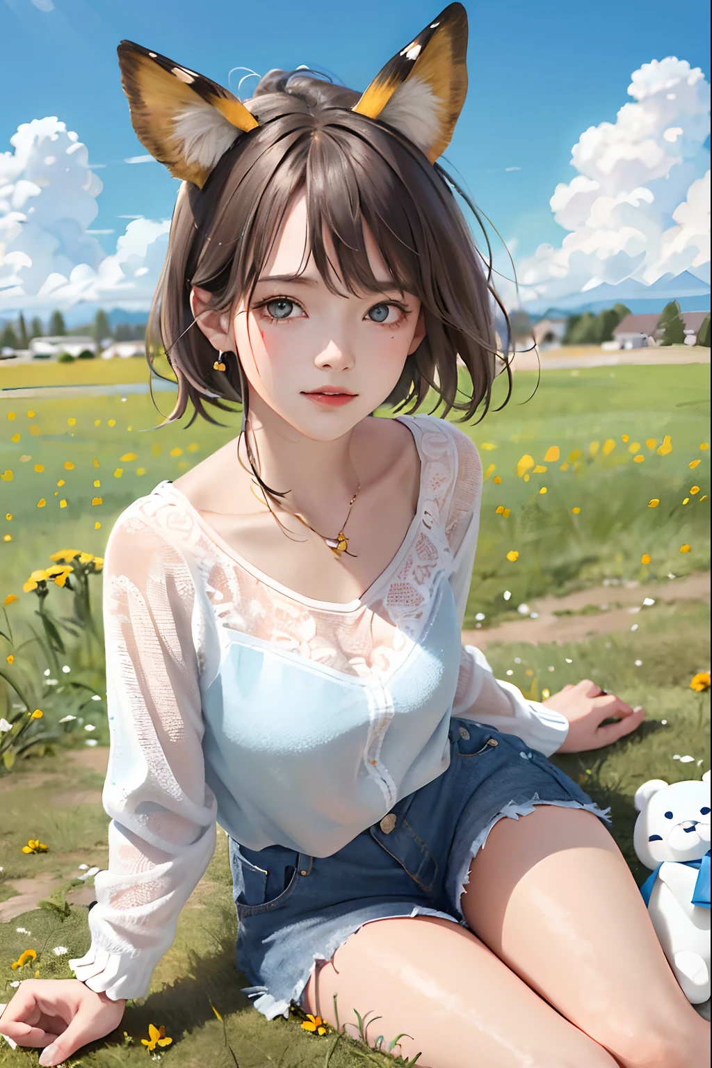 (Masterpiece:1.5, Best quality:1.5), Realistic, (Ultra photo realsisim:1.5), (photograph realistic:1.5), (Real picture, Intricate details), view the viewer, (8K wallpaper:1.5) (From knee to head:1.15), (Detailed face:1.5), (Detailed eyes:1.5), (clear photo),Highly detailed, Ultra-detailed, 超高分辨率, (strong depth of field:1.5)
Style - cute and playful
Positioning—Open field
Background - blue sky and white clouds
Theme - girl with pink knitwear and animal ear caps, Holding a teddy bear
View—Front view
Appearance - short hair, Bright eyes, Ruddy cheeks
Clothing - transparent white pantyhose,The upper body is naked
Posture - lying on the grass
Details - wildflowers and tall grass in the background, Butterflies and birds flying around
Effect - warm sunlight shines on the girl, Cast a soft glow
Description - A cute and innocent girl enjoying her time in an empty field, Surrounded by the beauty of nature. She was undressed.The warm sun shines on her,wildflowers gently swaying in the breeze. Butterflies and birds flew around her, adding to the playful atmosphere.