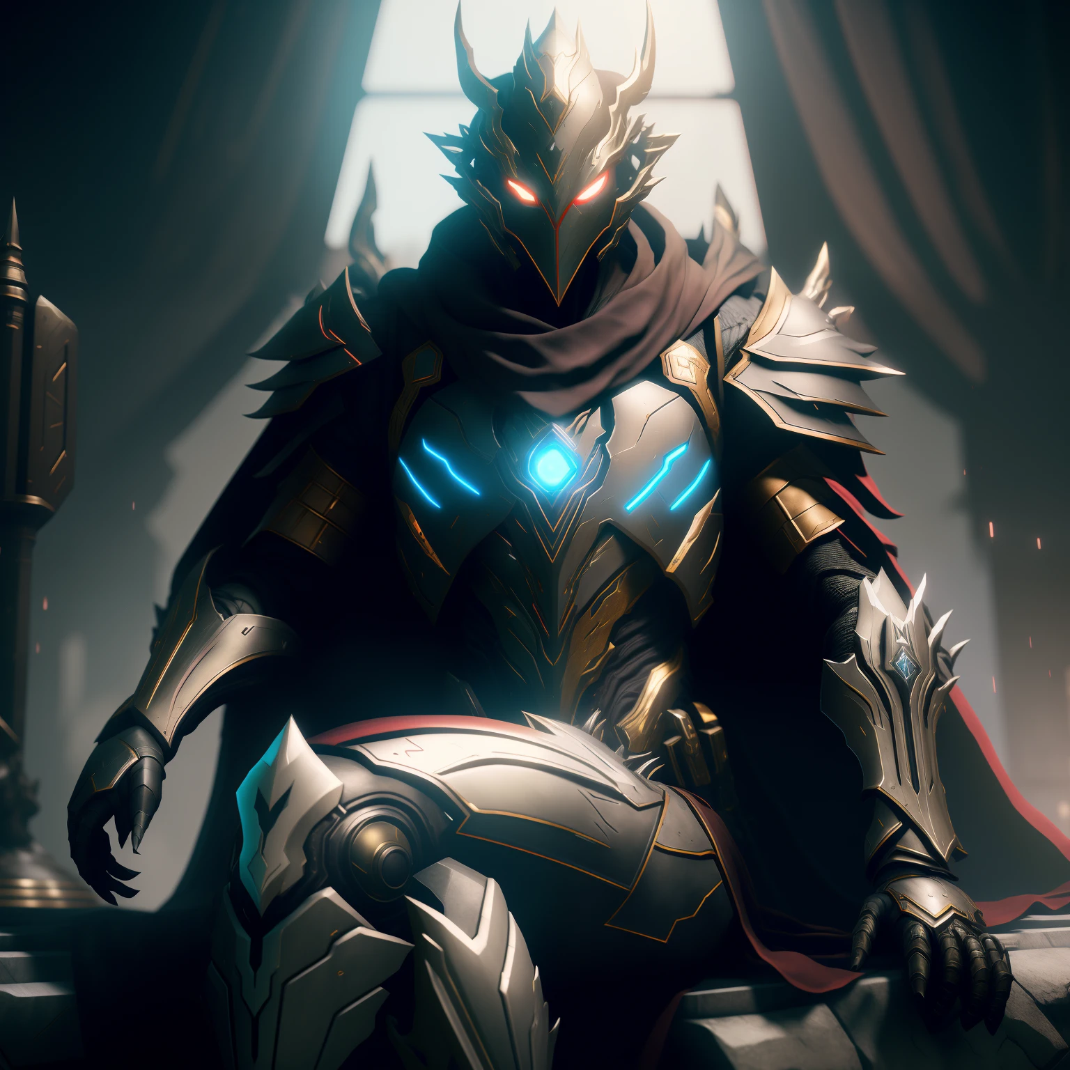 Arafards in armor sit on the windowsill,Left finger forward,The right eye glows red,3 D rendering character art 8 K, high quality warframe fanart, warframe fanart, warframe art, Unreal Engine 4K wallpapers, 8k hd wallpaperjpeg artifact, 8k hd wallpaperjpeg artifact, unreal engine character art,