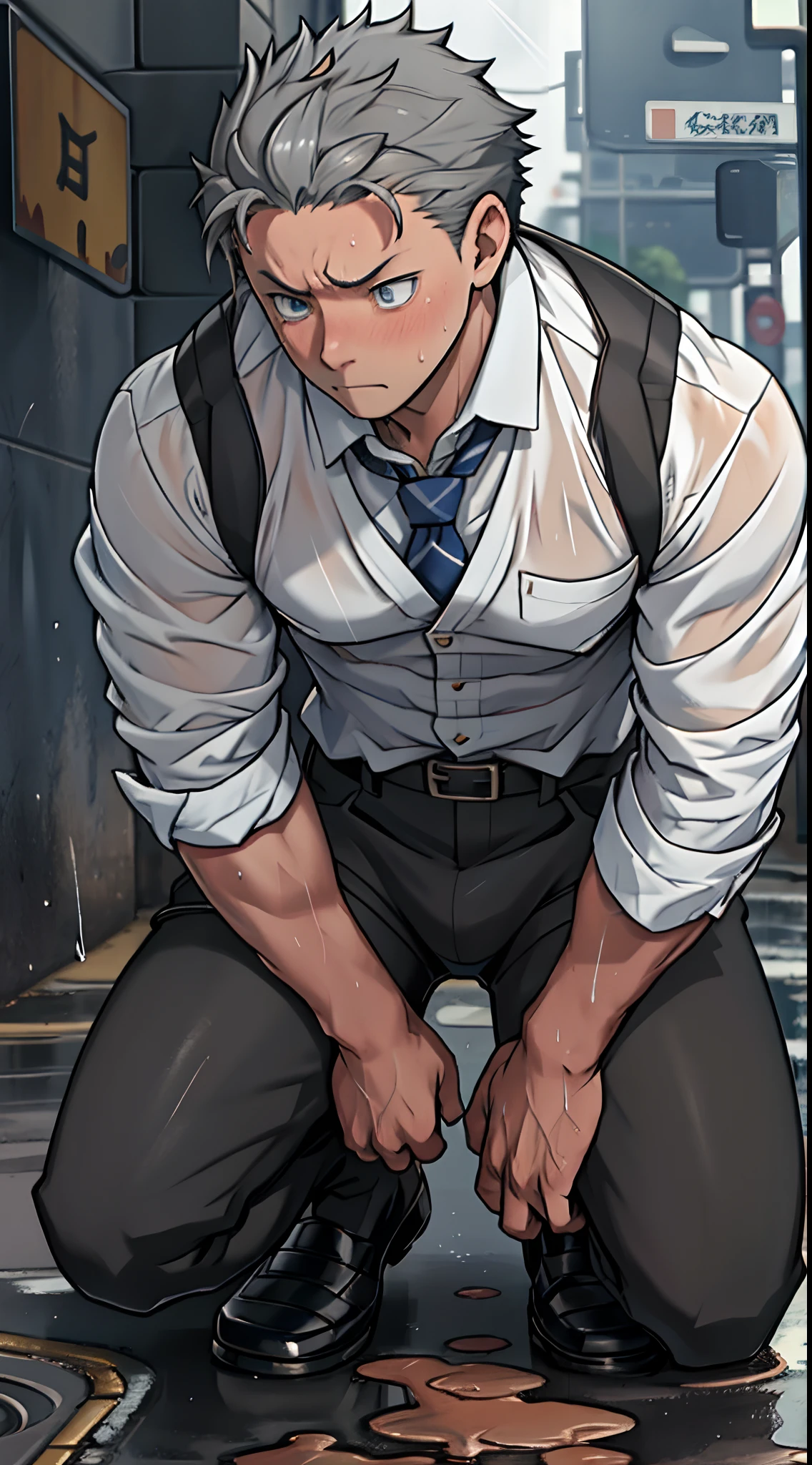 (1 Adult male),A high resolution, Sharp focus, Pixiv masterpiece, ((Complicated details)), highly detailed, natsuki_subaru,Multi-view upper body,Suit pants view, 1 man,is shy,Pee on the legs,pissing,Urine runs down the thighs,embarressed,exhilarated,is shocked,panicking,worry,A small puddle of their own urine forms around the feet,full bodyesbian,kneels on the ground,Very eager to pee,It's uncomfortable,Wet yourself,Urine discharge, Sweaty crotch,Drenched,rain,The shirt is soaked,(A gesture of pleading),blue color eyes(eyes glowing), Short gray hair,white shirt,Wear a tie,Wear a belt,Black suit trousers,perspire,look from down
