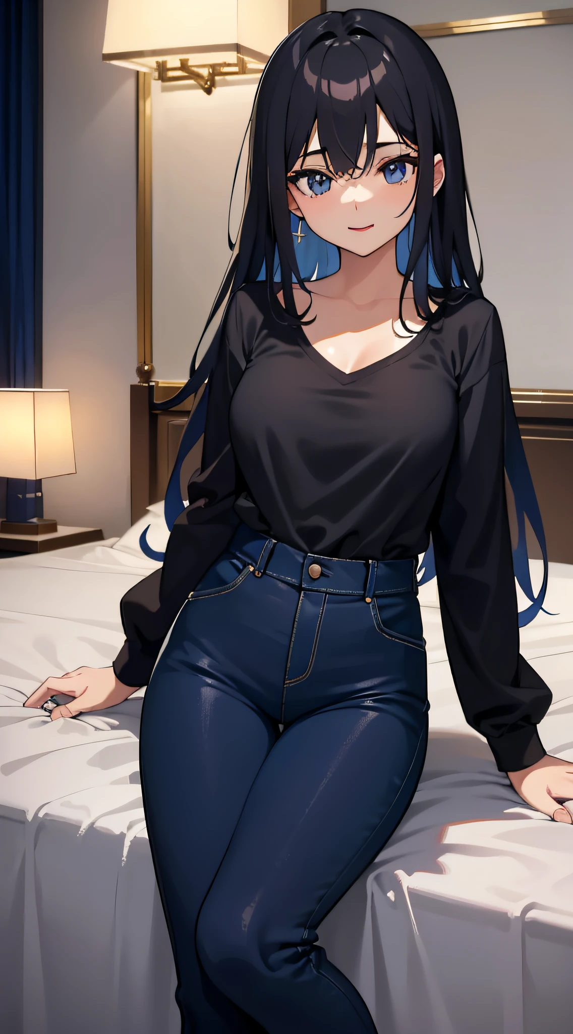 top-quality、top-quality、femele((18year old、japanes、、cute little、A dark-haired、Longhaire、Disheveled black Y-shirt、Blue Pants,big bast、Bust 95、A smile、Breasts wide open、A slender、Entice viewers)),hiquality、depth of fields、Background with((Stylish hotel rooms))、a bed((landscape))