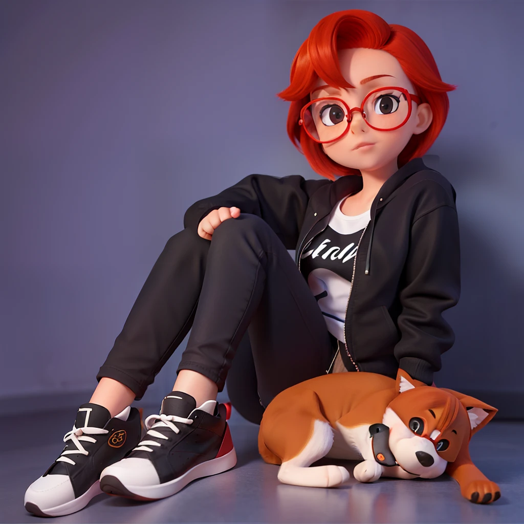 There's a red-haired girl, usando blusa marron com estampa de um sol, black pant, black tennis, glasses and a dog next door