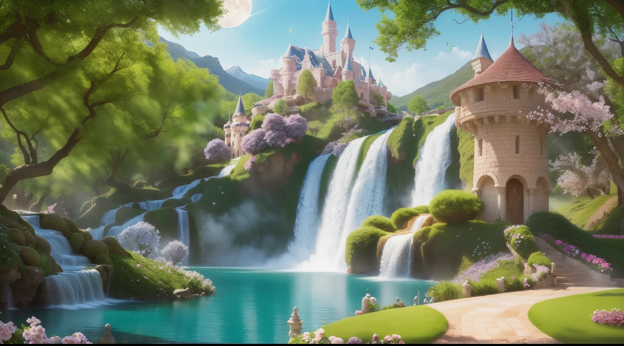 （best qualityer），（tmasterpiece），（ultra - detailed），（high detal），（extremely detaile），arcadia，borgar，Floating Island Waterfall，Peach grove full of flowers，Enchanted castle，Fabulous kingdom，mistic，Hidden deep in the peach forest，Hidden in the mountains，Hide the magic of the moon